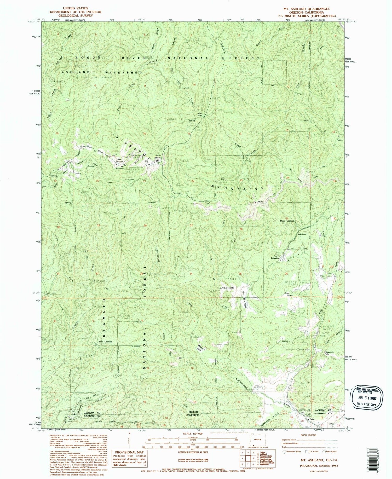 Classic USGS Mount Ashland Oregon 7.5'x7.5' Topo Map Image