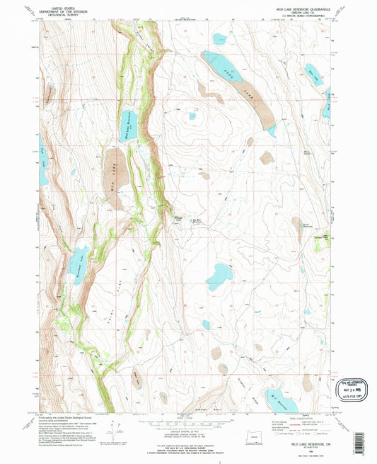 Classic USGS Mud Lake Reservoir Oregon 7.5'x7.5' Topo Map Image