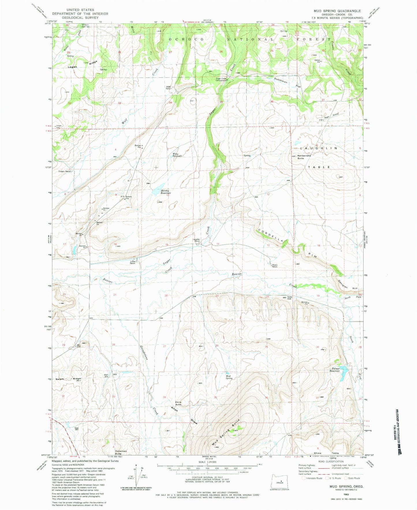 Classic USGS Mud Spring Oregon 7.5'x7.5' Topo Map Image