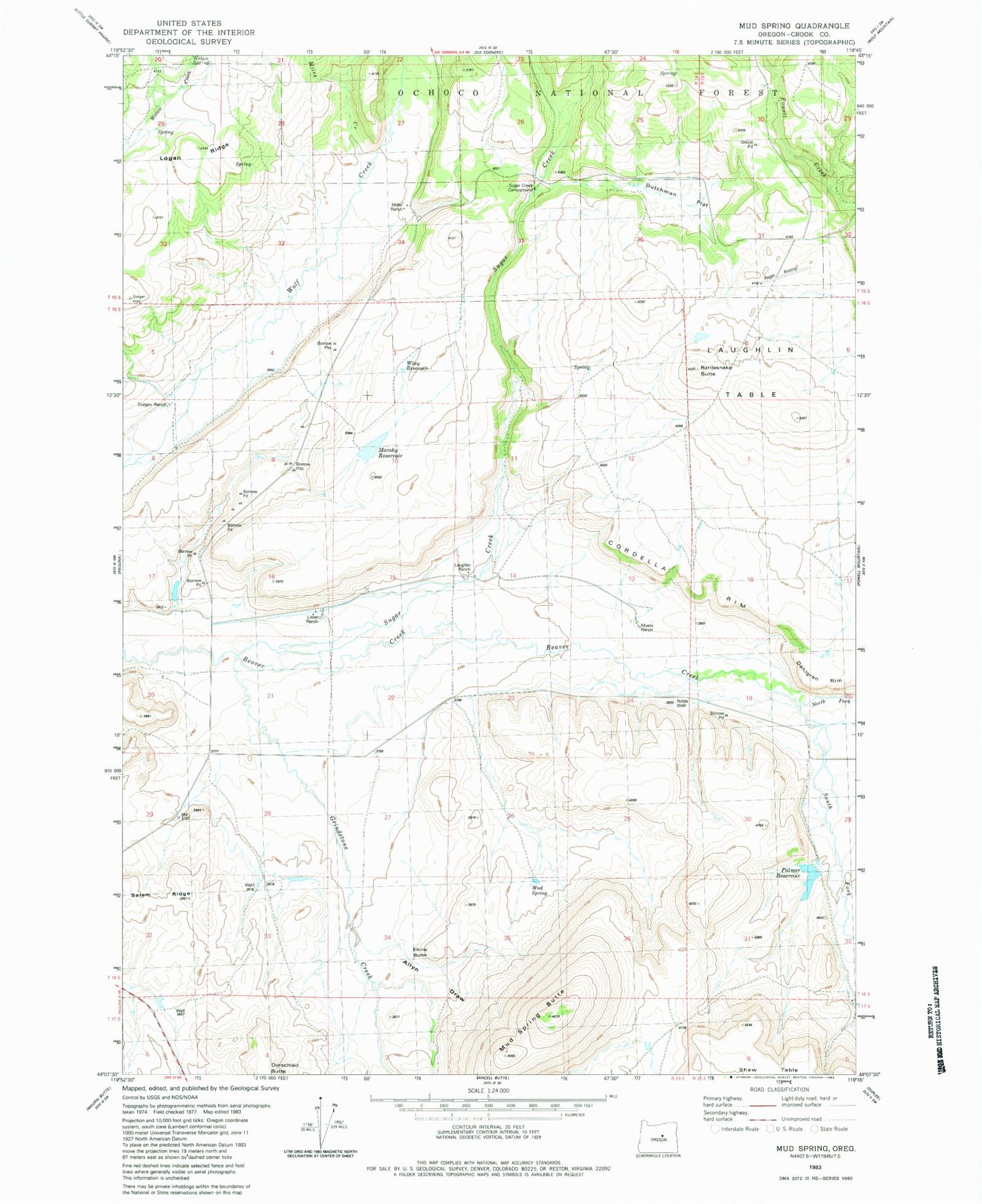 Classic USGS Mud Spring Oregon 7.5'x7.5' Topo Map Image