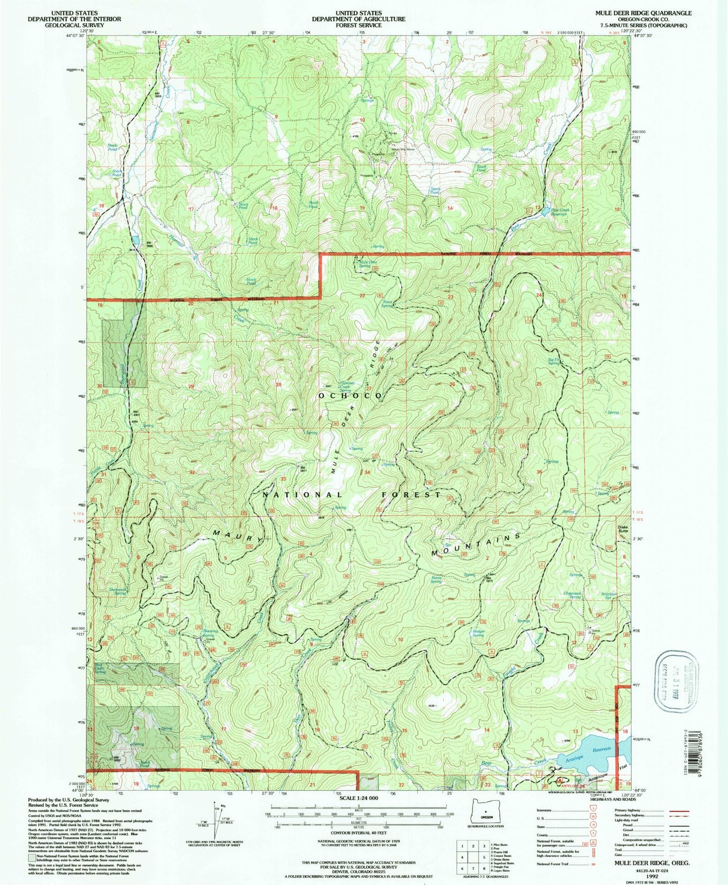 Classic USGS Mule Deer Ridge Oregon 7.5'x7.5' Topo Map Image