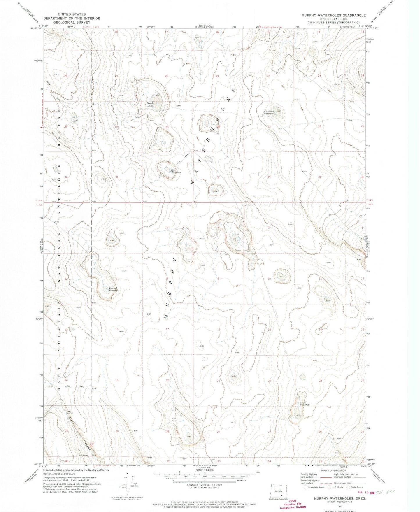 Classic USGS Murphy Waterholes Oregon 7.5'x7.5' Topo Map Image