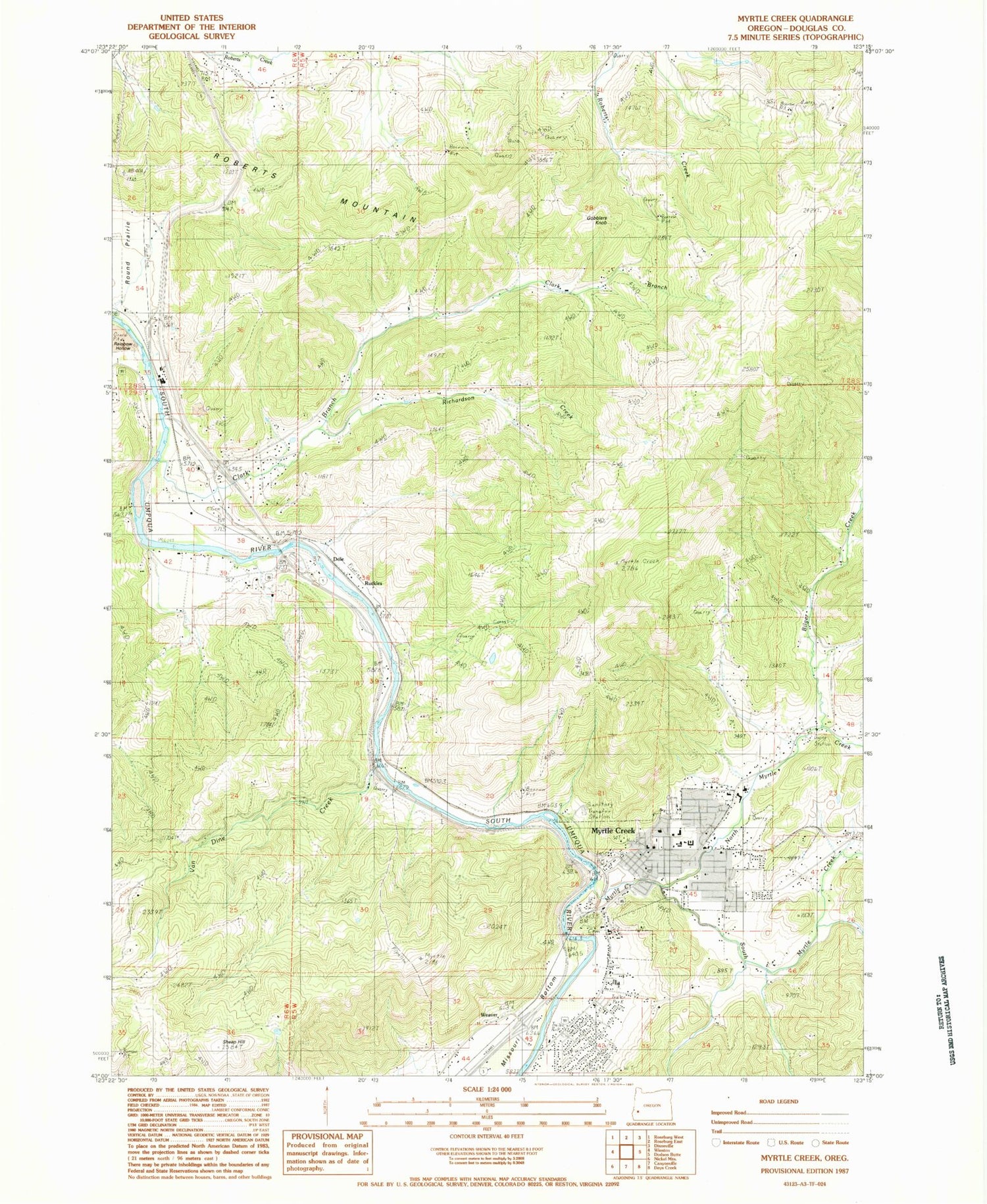 Classic USGS Myrtle Creek Oregon 7.5'x7.5' Topo Map Image