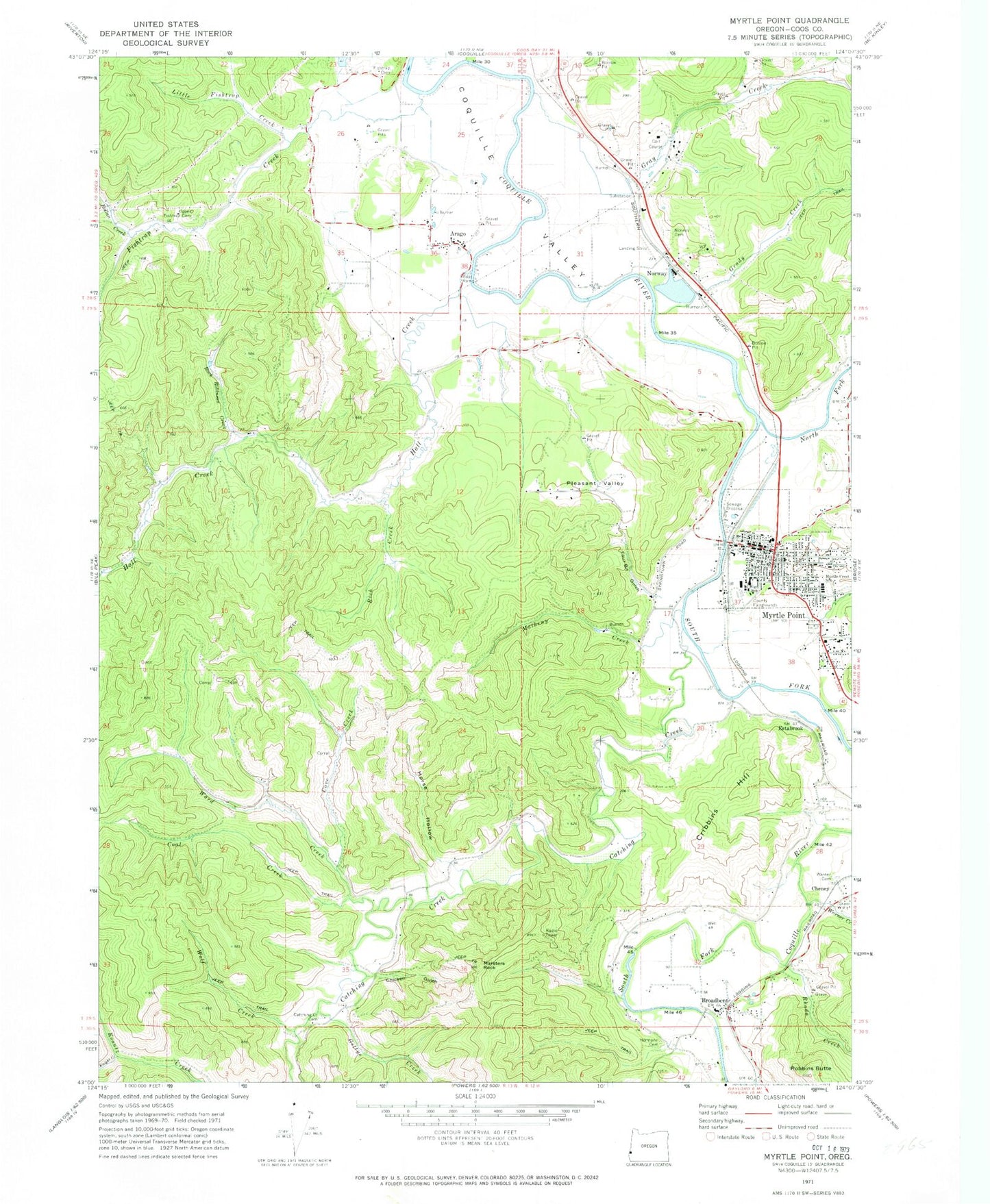Classic USGS Myrtle Point Oregon 7.5'x7.5' Topo Map Image