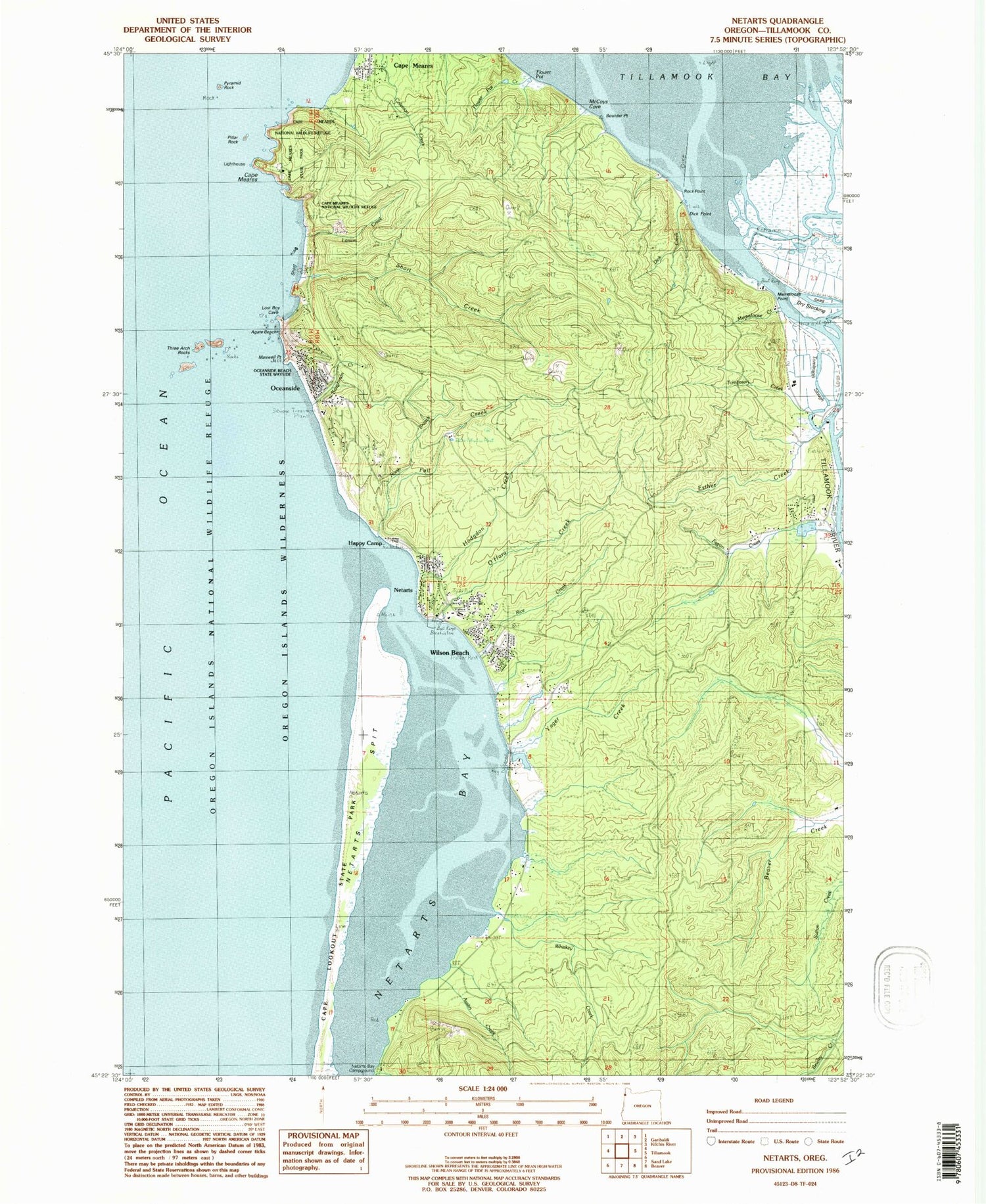 Classic USGS Netarts Oregon 7.5'x7.5' Topo Map Image