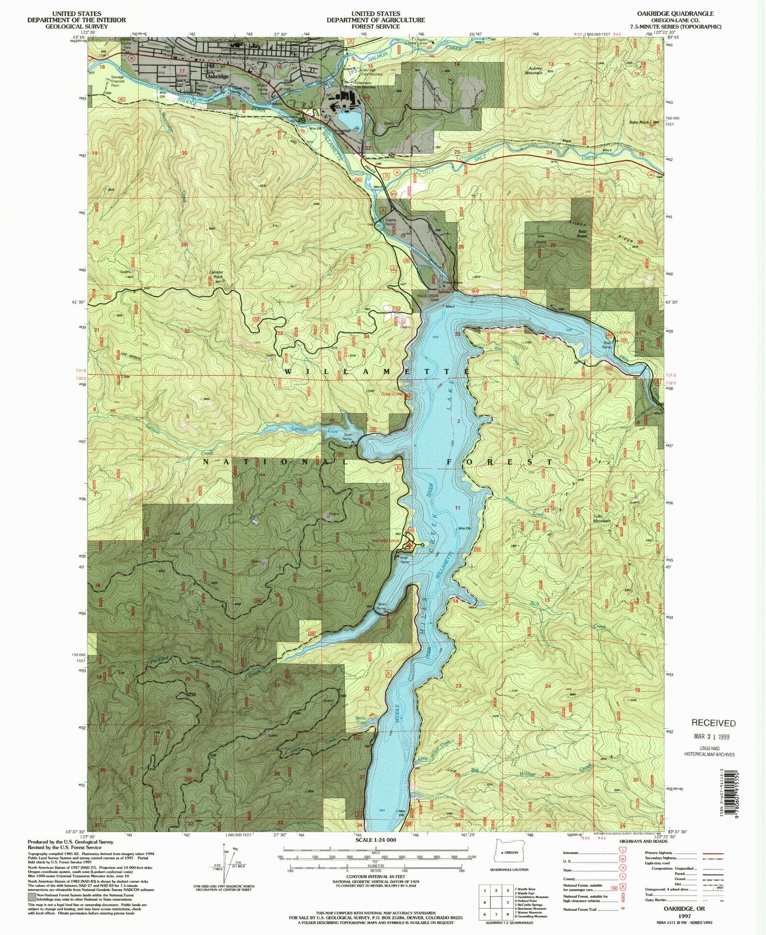 Classic USGS Oakridge Oregon 7.5'x7.5' Topo Map Image