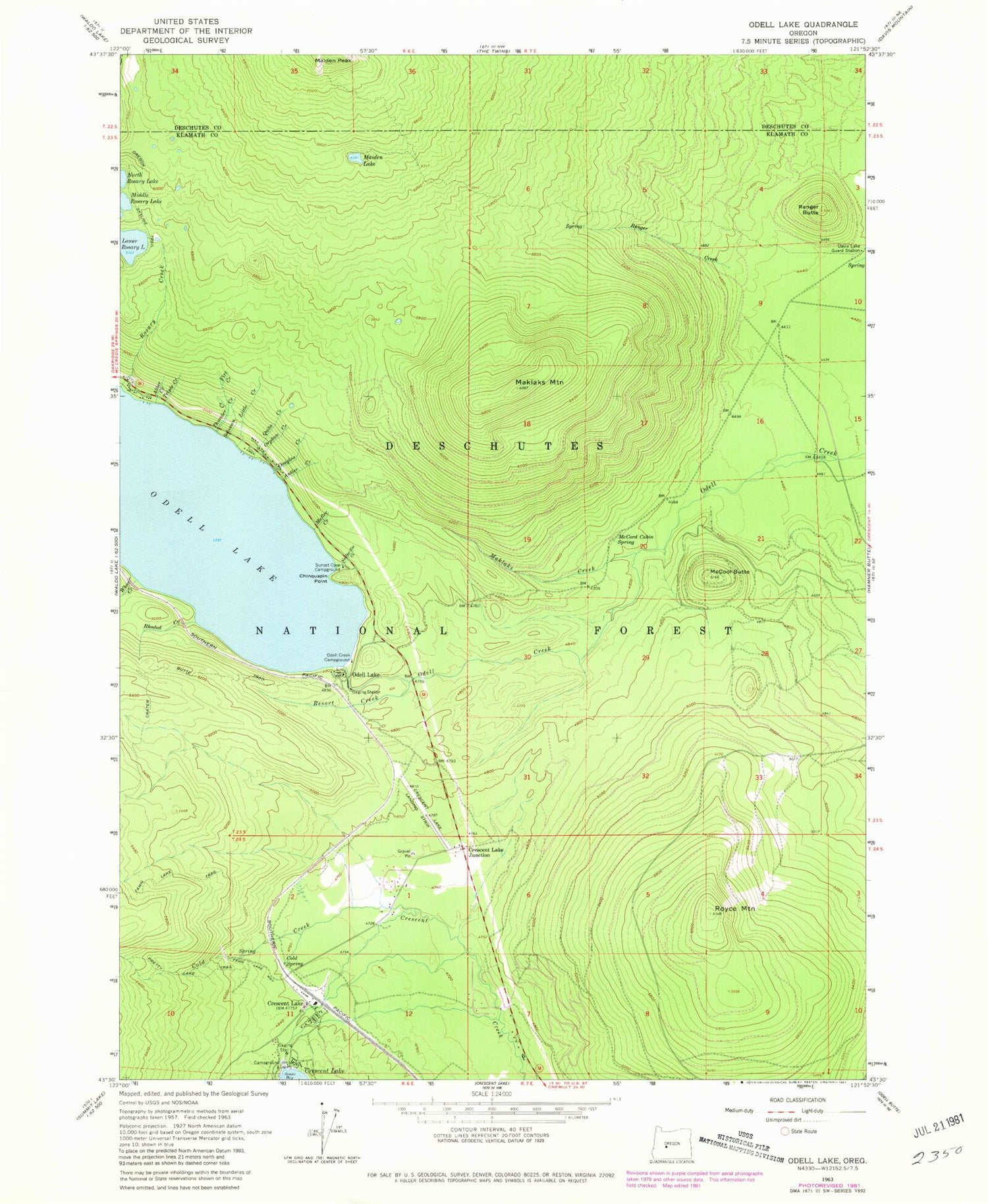 Classic USGS Odell Lake Oregon 7.5'x7.5' Topo Map Image