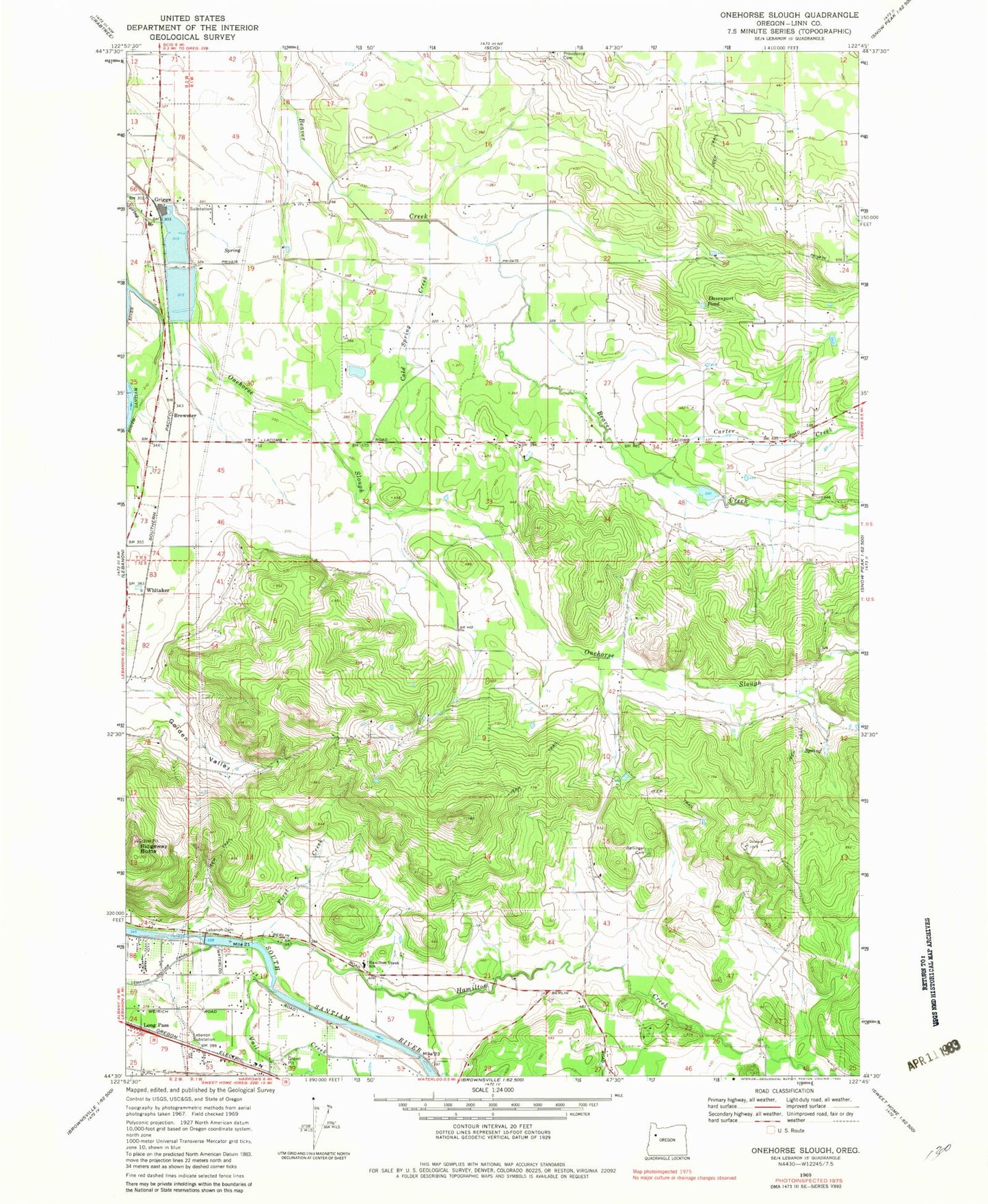 Classic USGS Onehorse Slough Oregon 7.5'x7.5' Topo Map Image