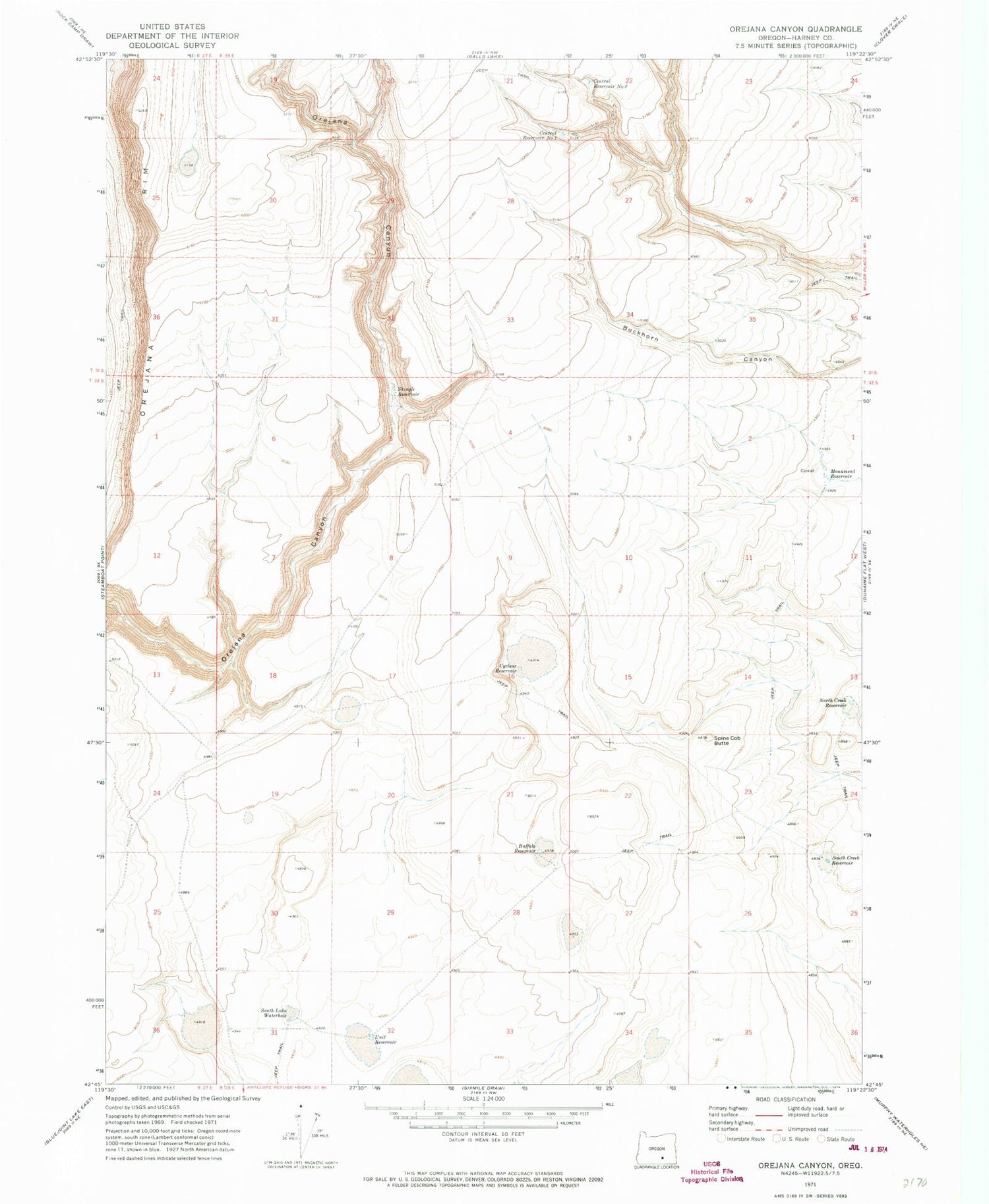 Classic USGS Orejana Canyon Oregon 7.5'x7.5' Topo Map Image