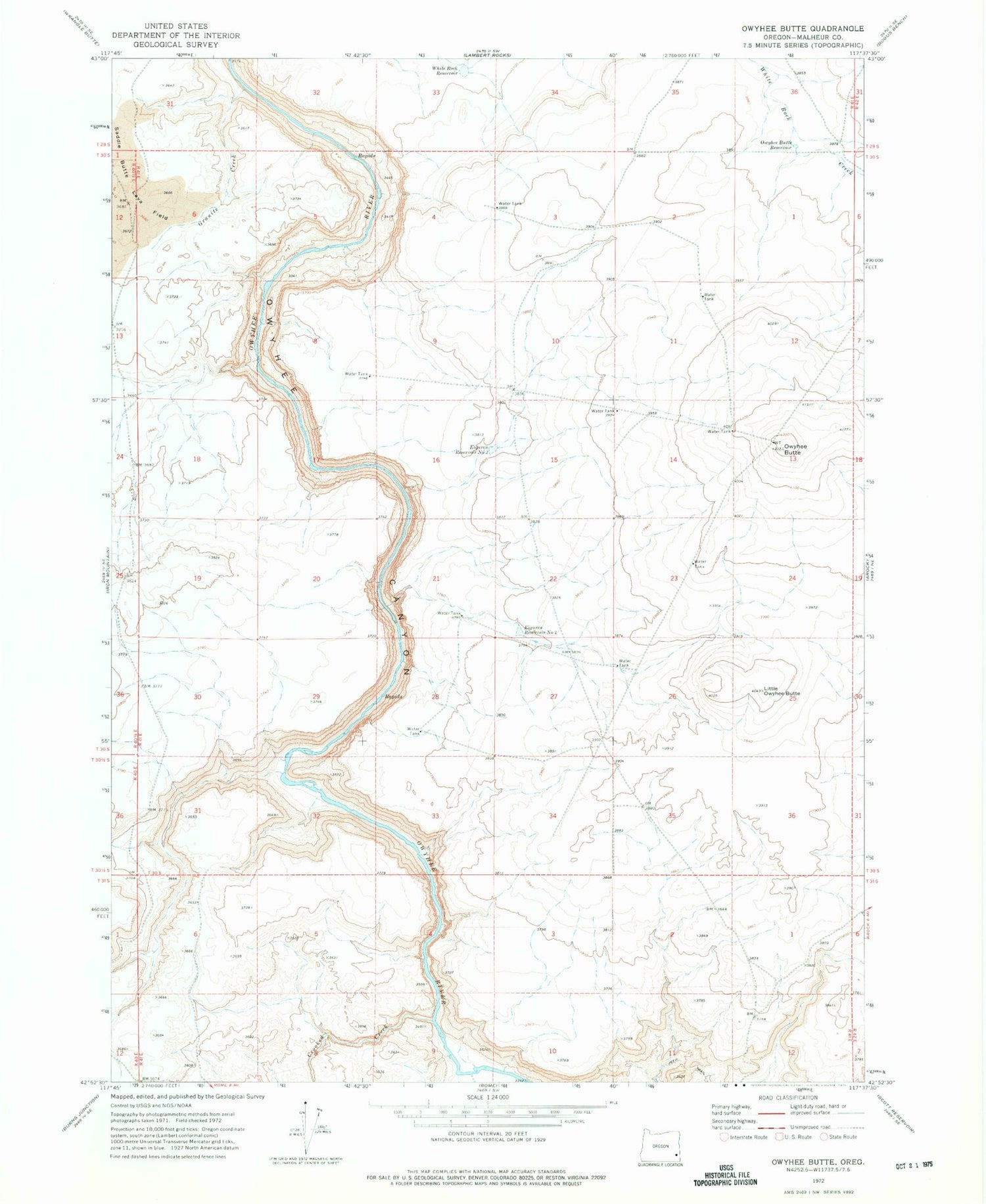Classic USGS Owyhee Butte Oregon 7.5'x7.5' Topo Map Image