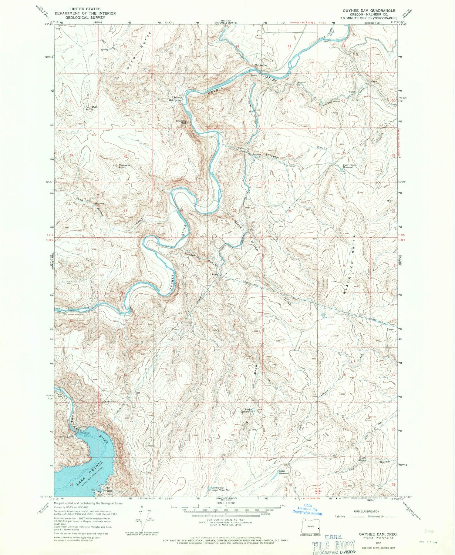 Classic USGS Owyhee Dam Oregon 7.5'x7.5' Topo Map Image