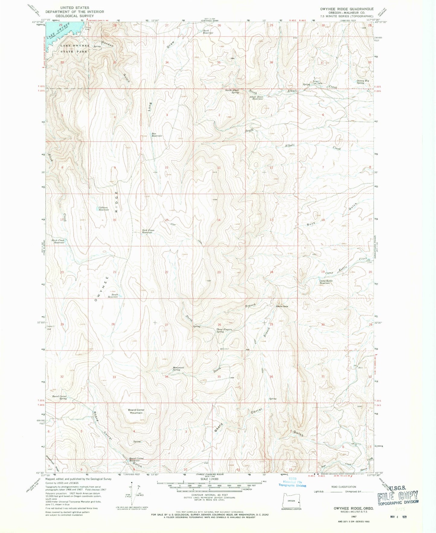 Classic USGS Owyhee Ridge Oregon 7.5'x7.5' Topo Map Image