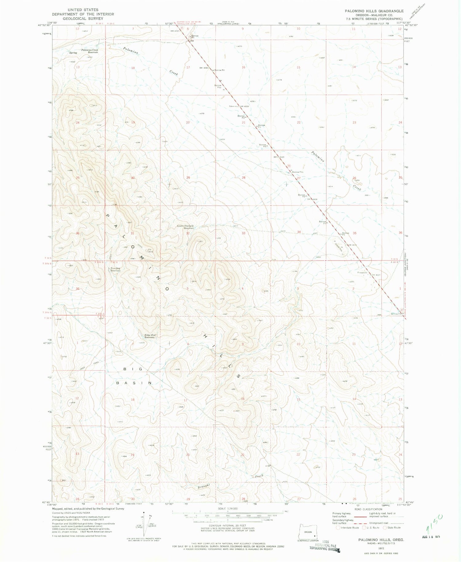 Classic USGS Palomino Hills Oregon 7.5'x7.5' Topo Map Image