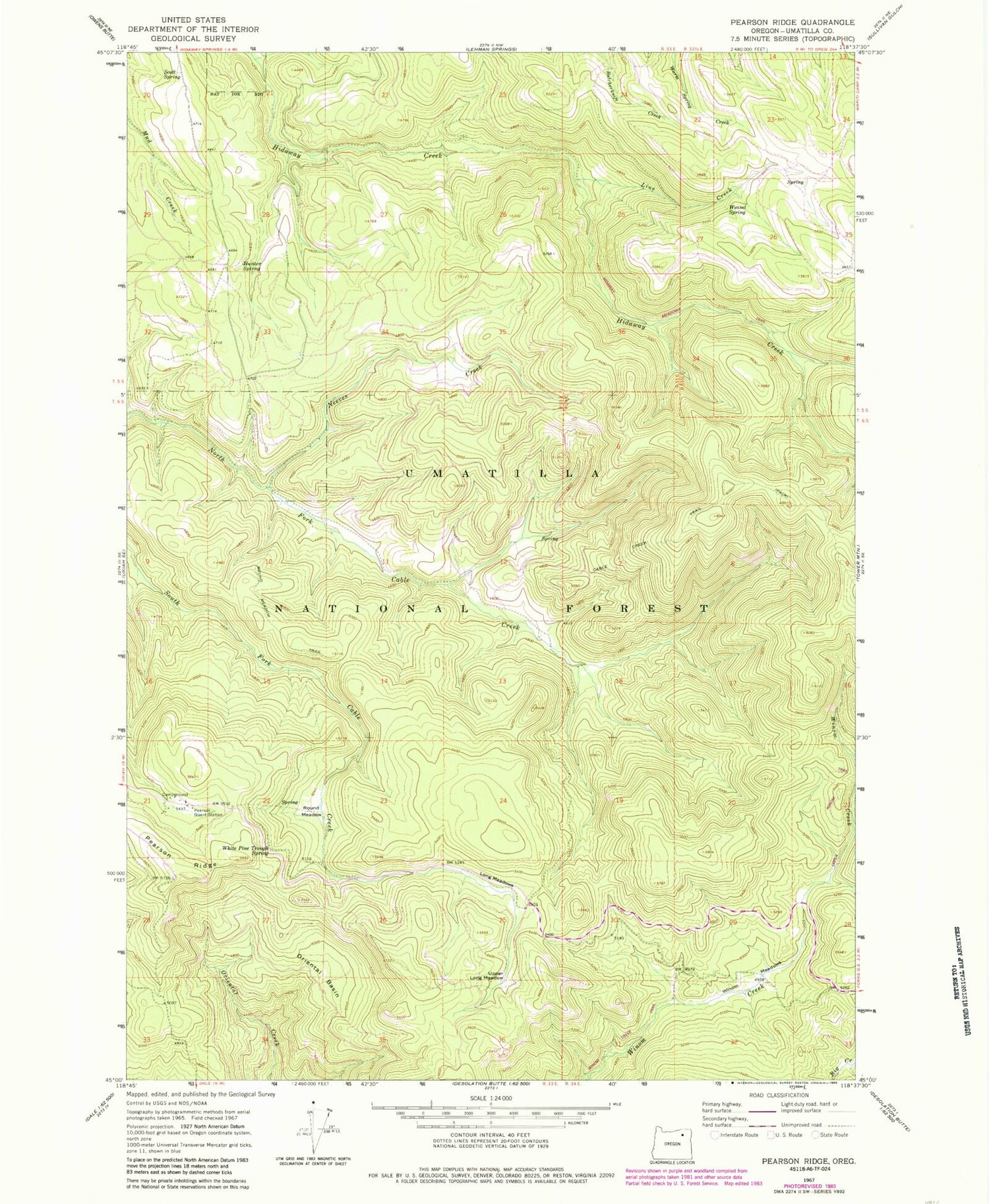 Classic USGS Pearson Ridge Oregon 7.5'x7.5' Topo Map Image