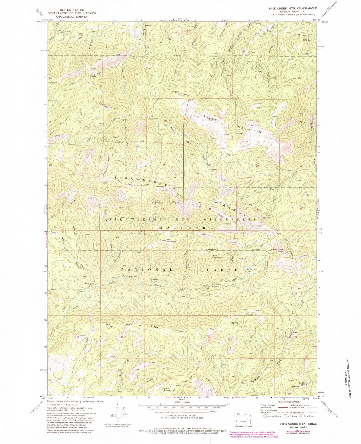 Classic USGS Pine Creek Mountain Oregon 7.5'x7.5' Topo Map Image