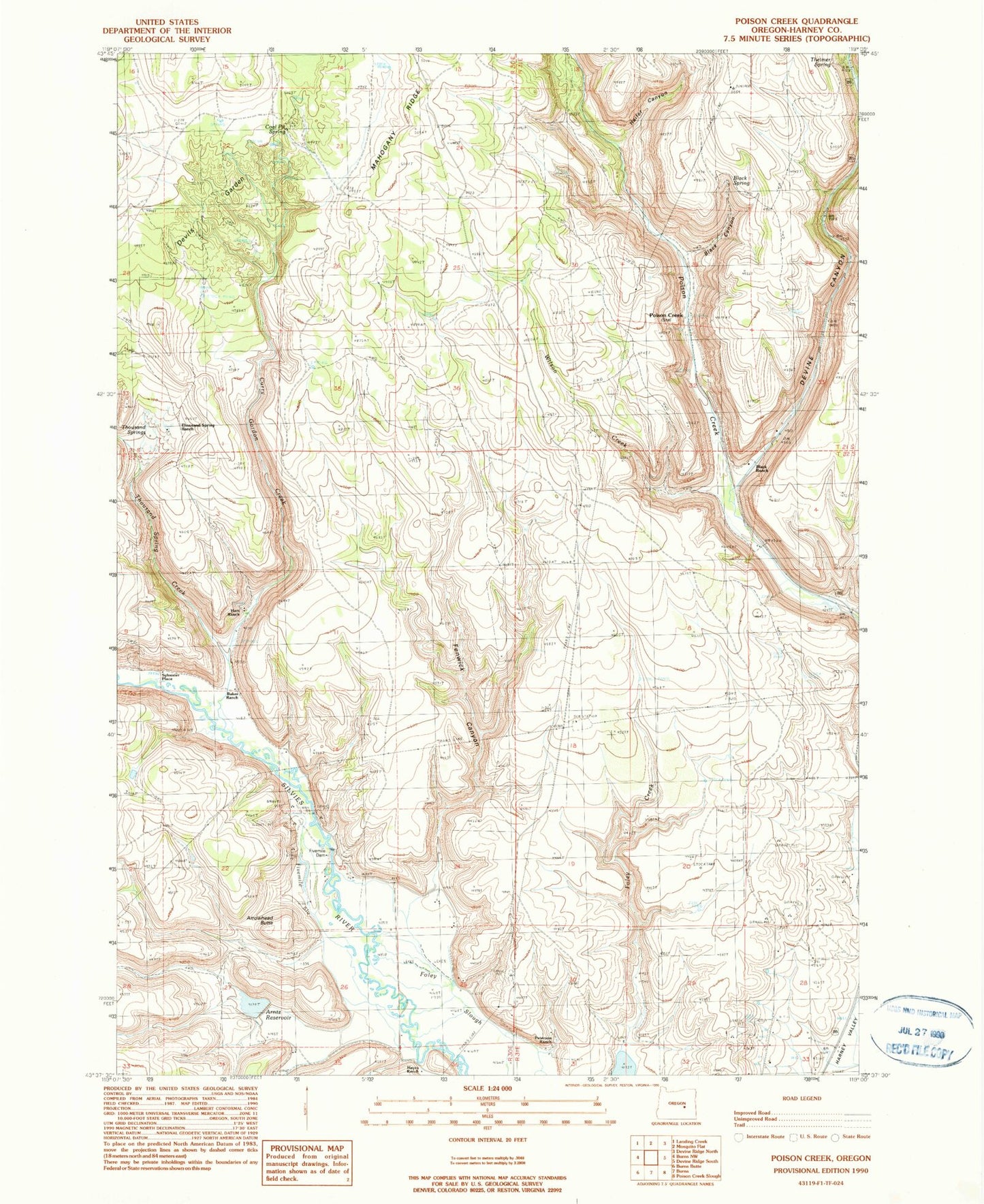 Classic USGS Poison Creek Oregon 7.5'x7.5' Topo Map Image