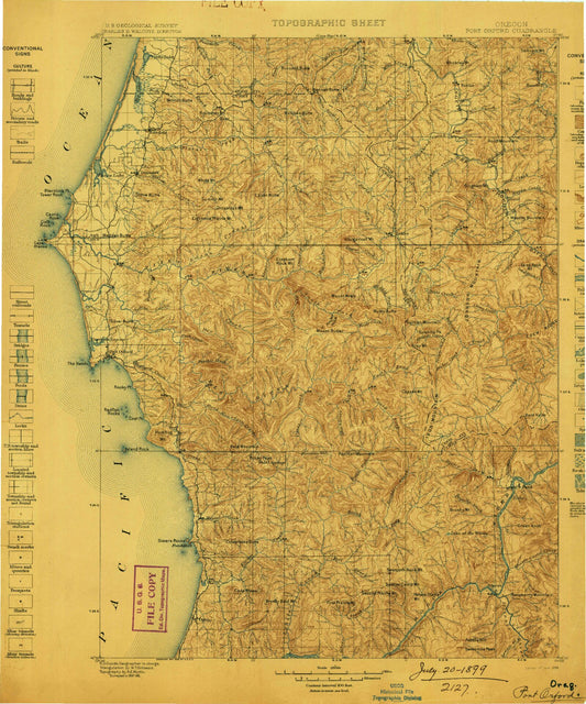 Historic 1899 Port Orford Oregon 30'x30' Topo Map Image