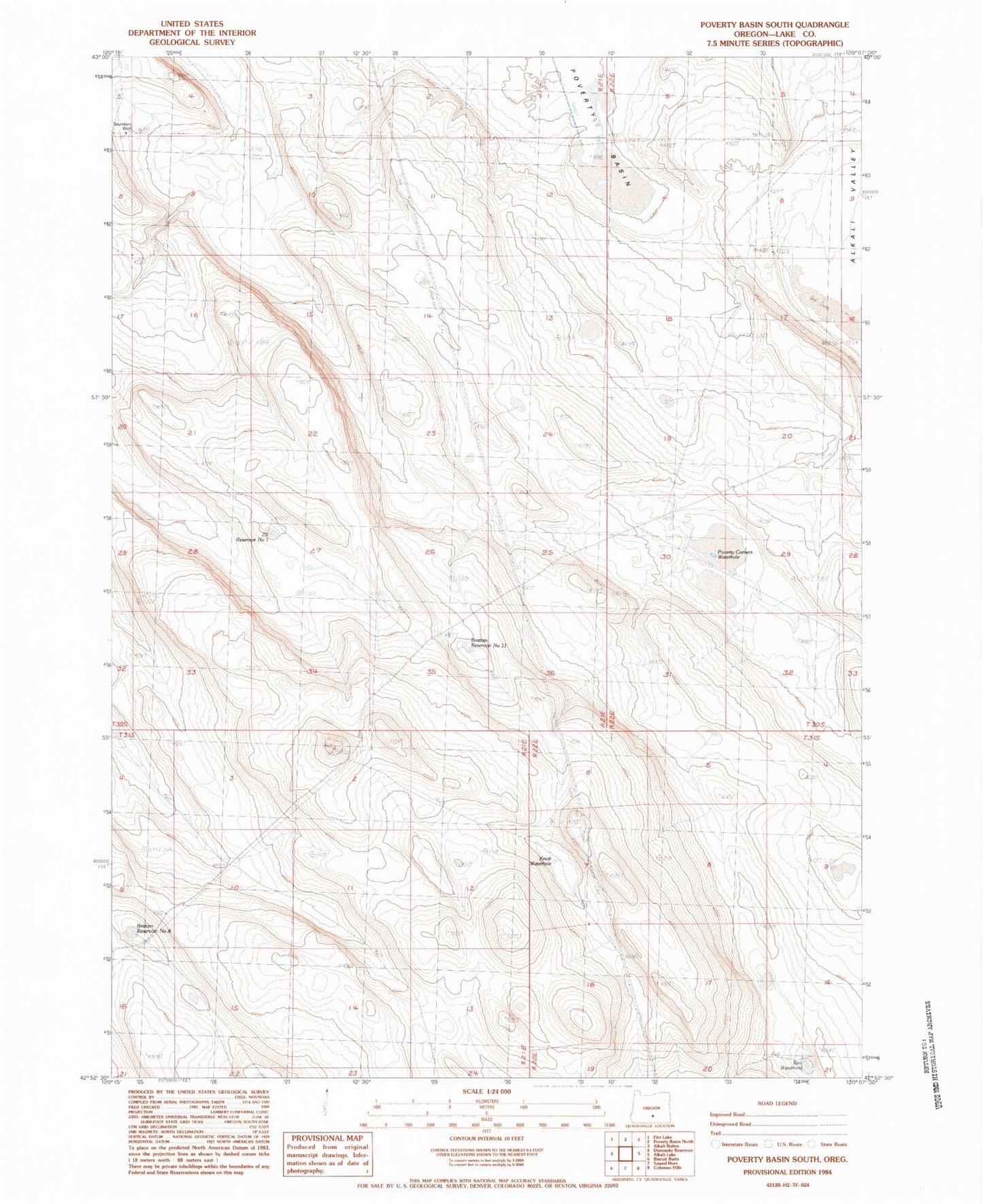 Classic USGS Poverty Basin South Oregon 7.5'x7.5' Topo Map Image