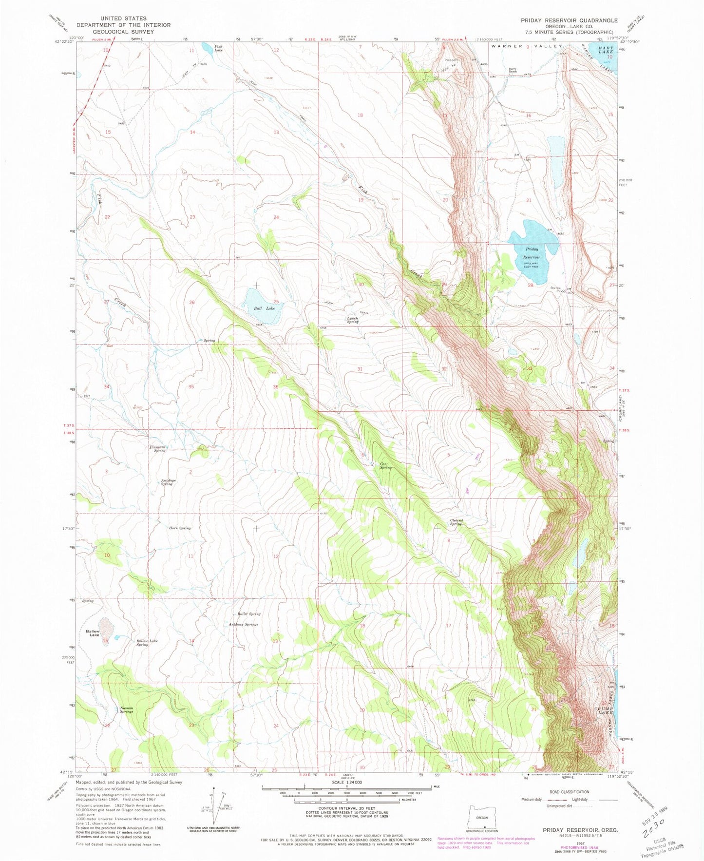 Classic USGS Priday Reservoir Oregon 7.5'x7.5' Topo Map Image