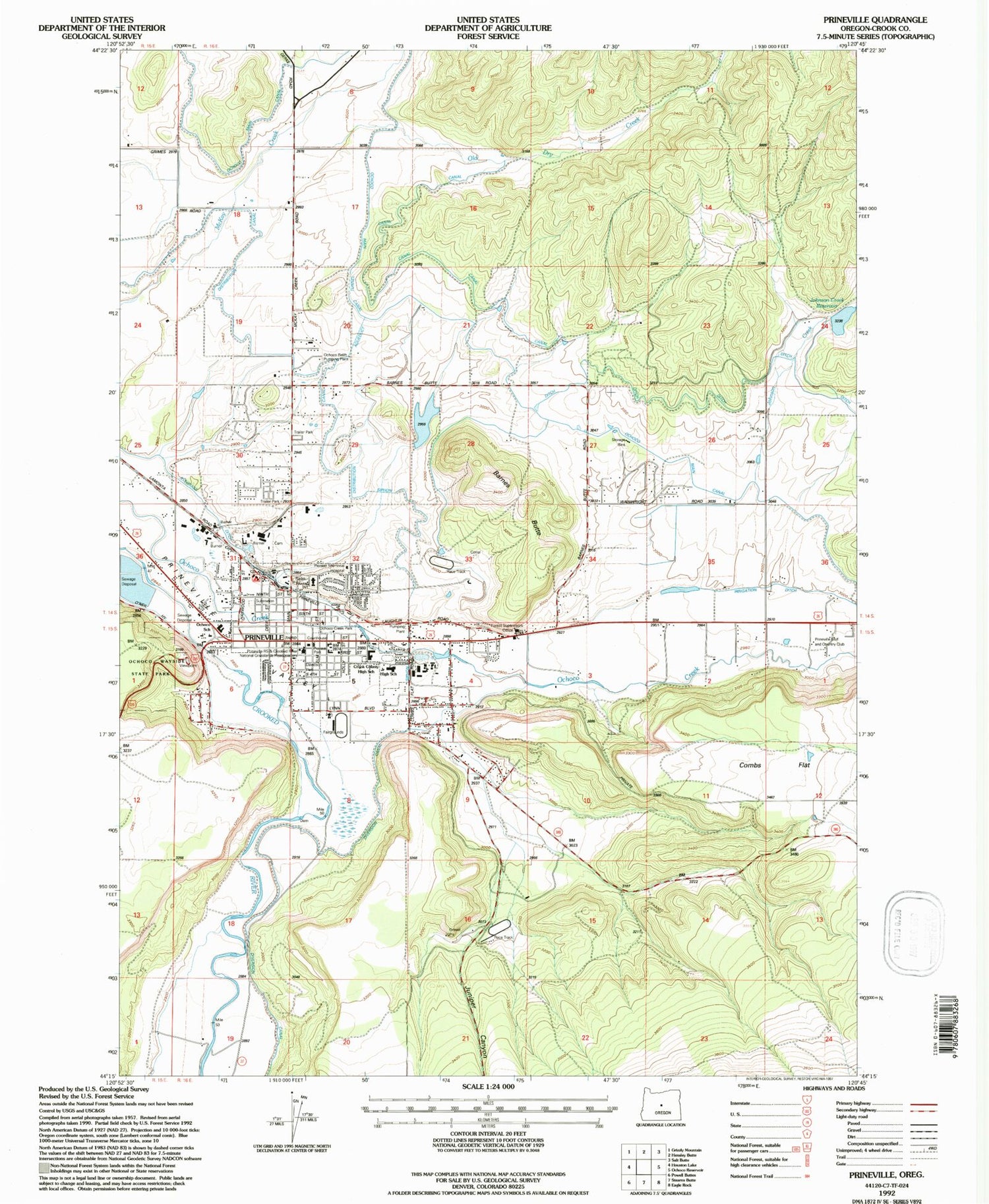 Classic USGS Prineville Oregon 7.5'x7.5' Topo Map Image