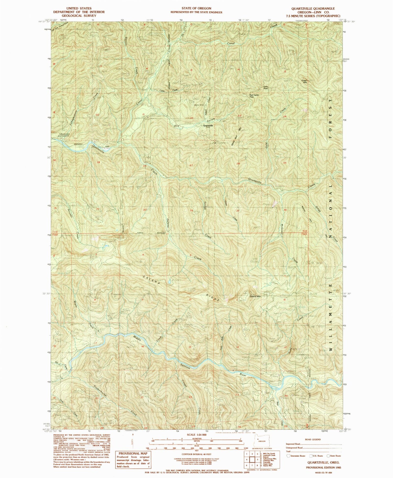 Classic USGS Quartzville Oregon 7.5'x7.5' Topo Map Image