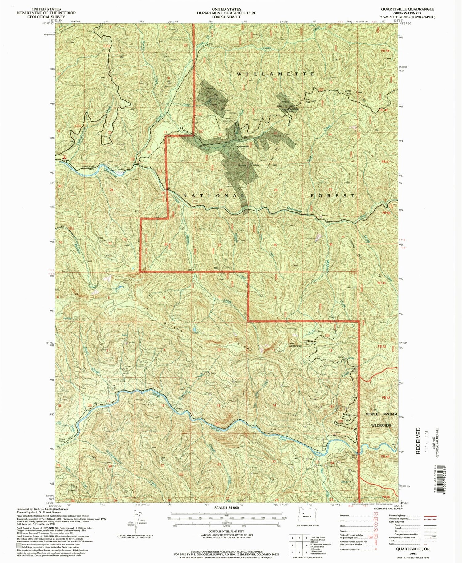 Classic USGS Quartzville Oregon 7.5'x7.5' Topo Map Image