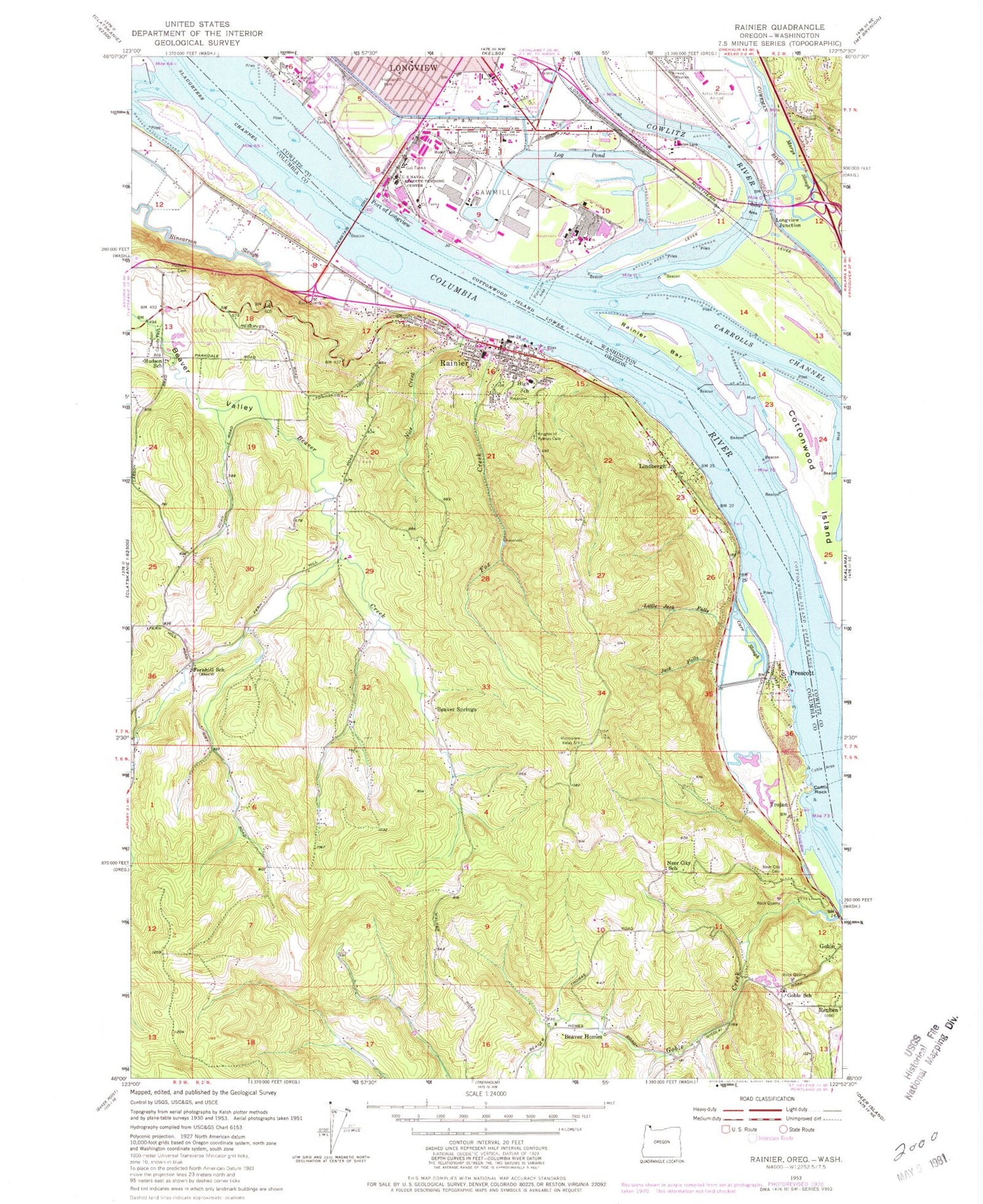 Classic USGS Rainier Oregon 7.5'x7.5' Topo Map Image