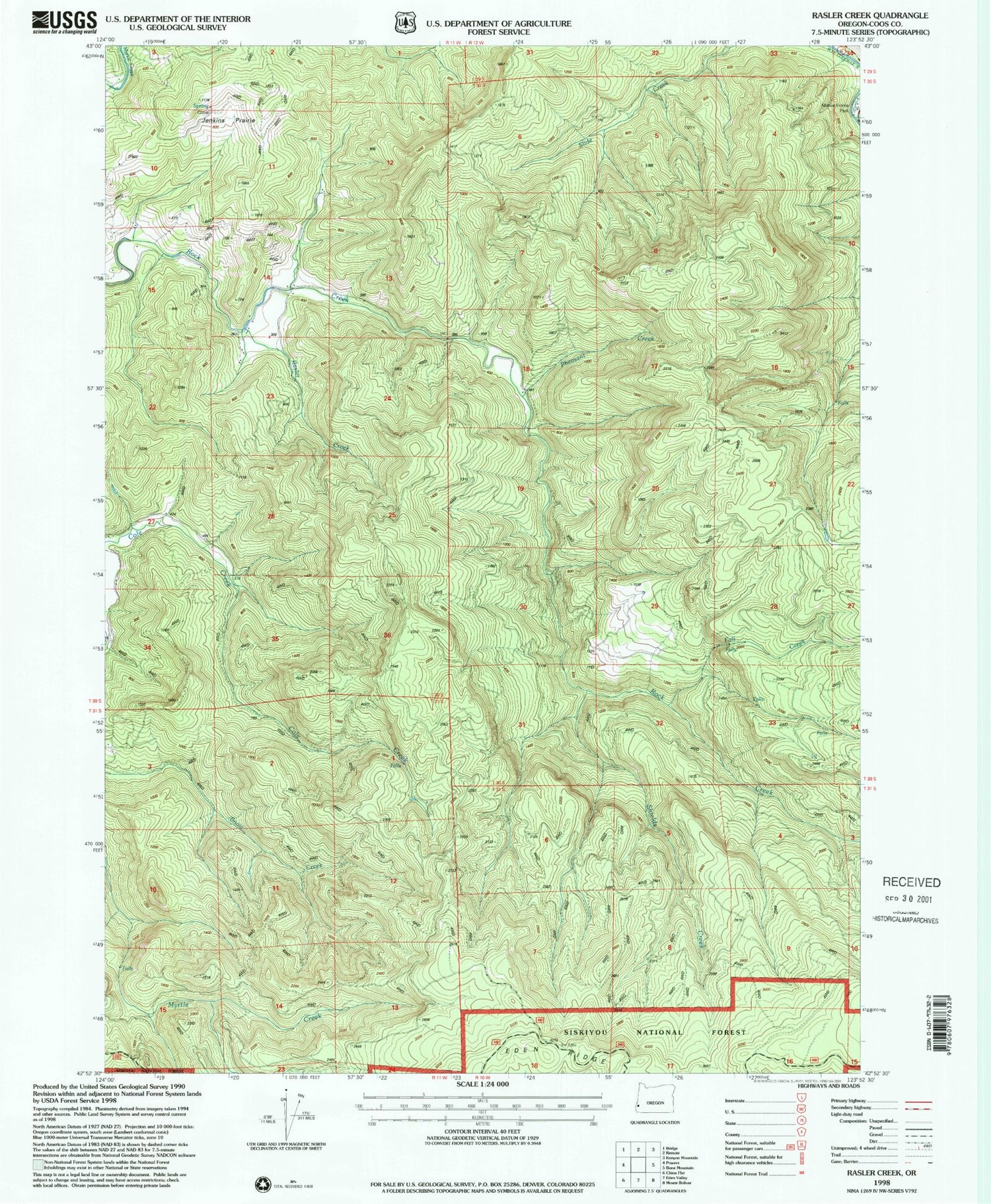 Classic USGS Rasler Creek Oregon 7.5'x7.5' Topo Map Image
