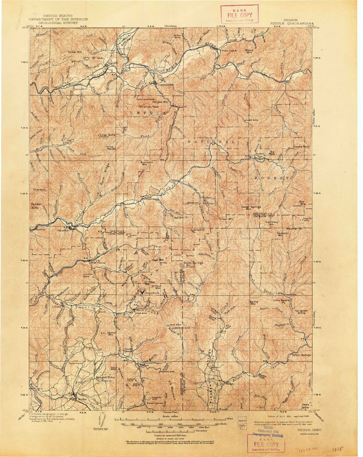 Historic 1904 Riddle Oregon 30'x30' Topo Map Image