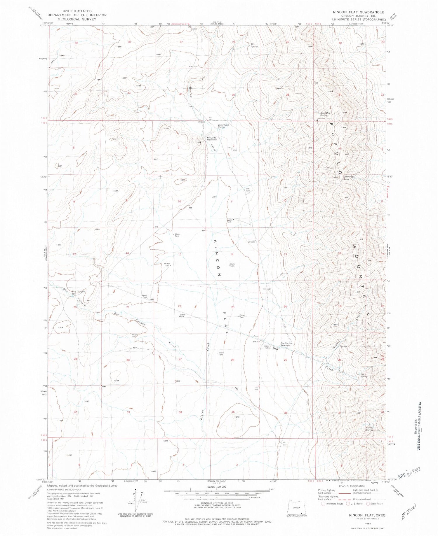 Classic USGS Rincon Flat Oregon 7.5'x7.5' Topo Map Image