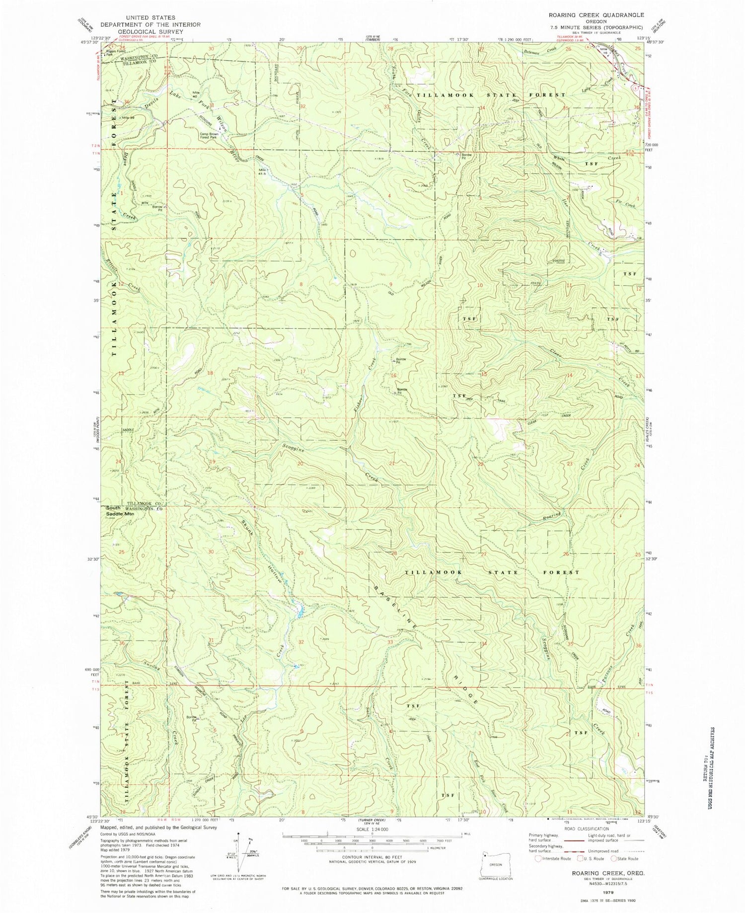 Classic USGS Roaring Creek Oregon 7.5'x7.5' Topo Map Image