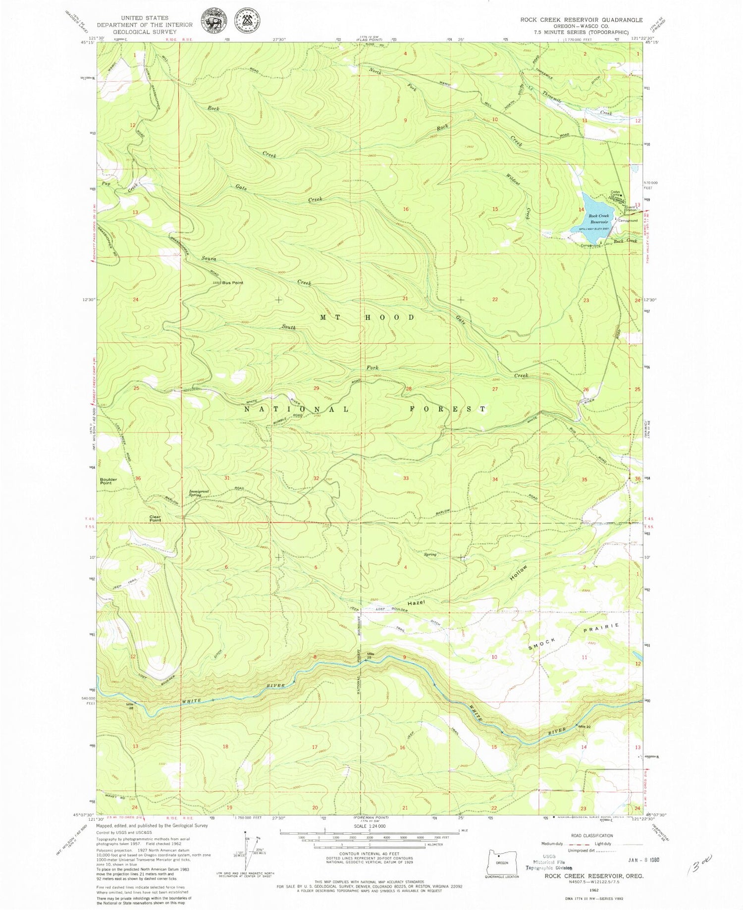 Classic USGS Rock Creek Reservoir Oregon 7.5'x7.5' Topo Map Image