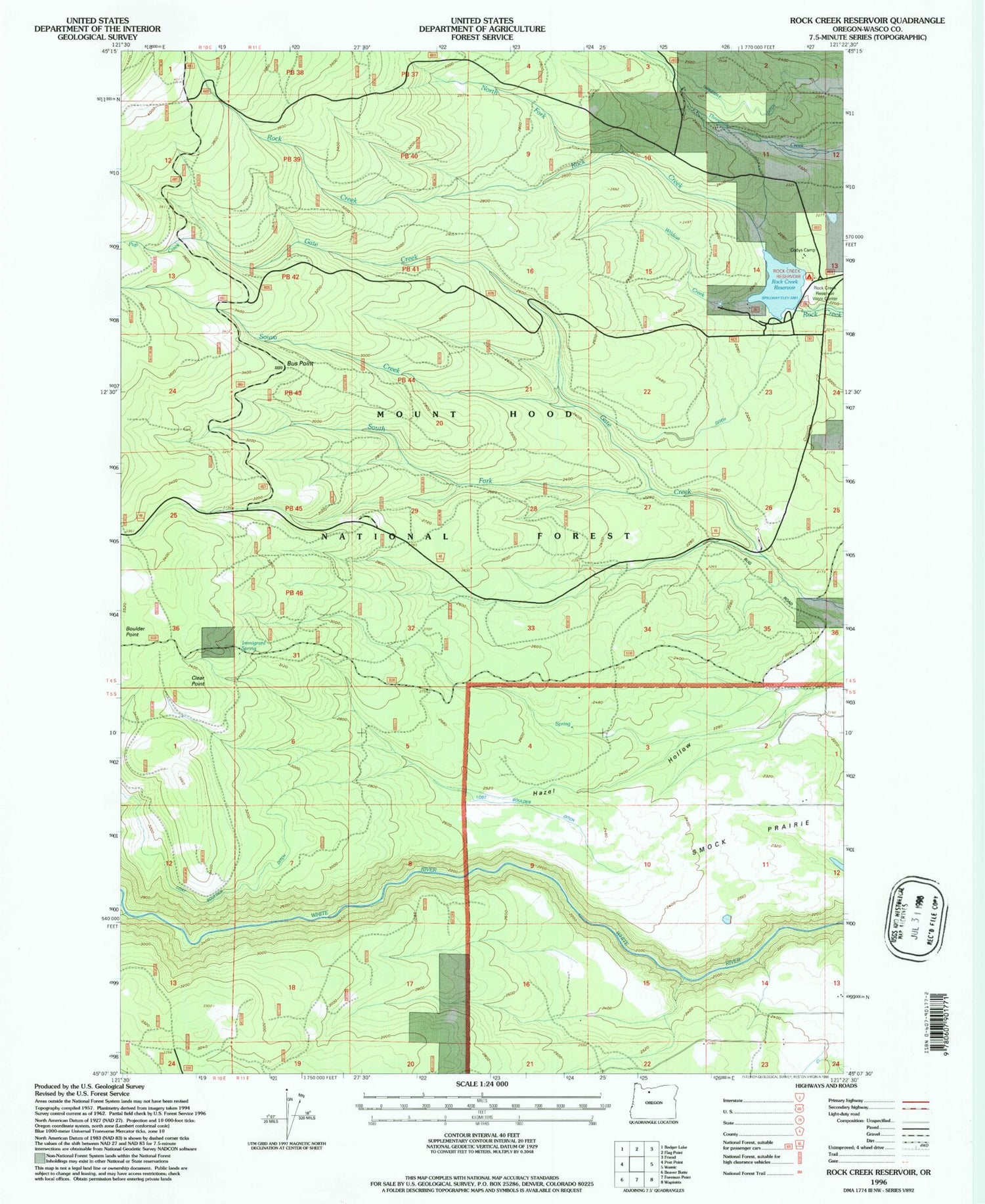 Classic USGS Rock Creek Reservoir Oregon 7.5'x7.5' Topo Map Image