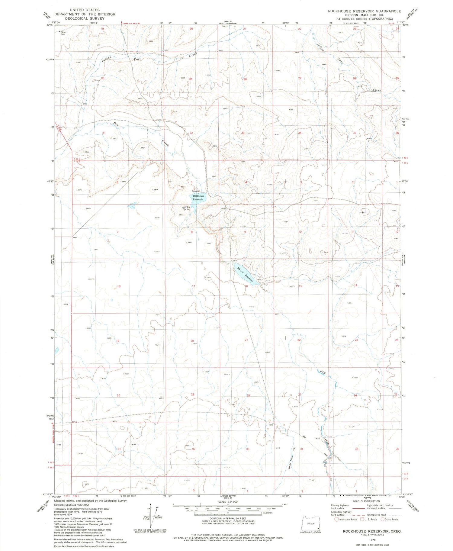 Classic USGS Rockhouse Reservoir Oregon 7.5'x7.5' Topo Map Image