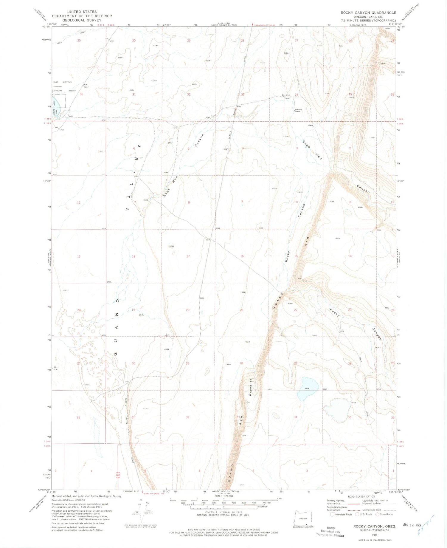 Classic USGS Rocky Canyon Oregon 7.5'x7.5' Topo Map Image