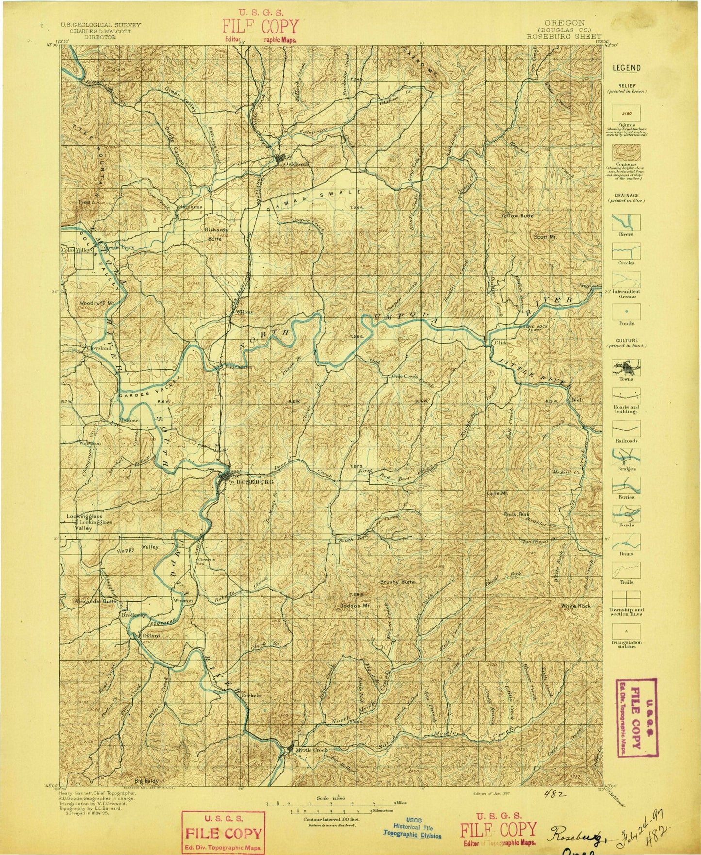 Historic 1897 Roseburg Oregon 30'x30' Topo Map Image