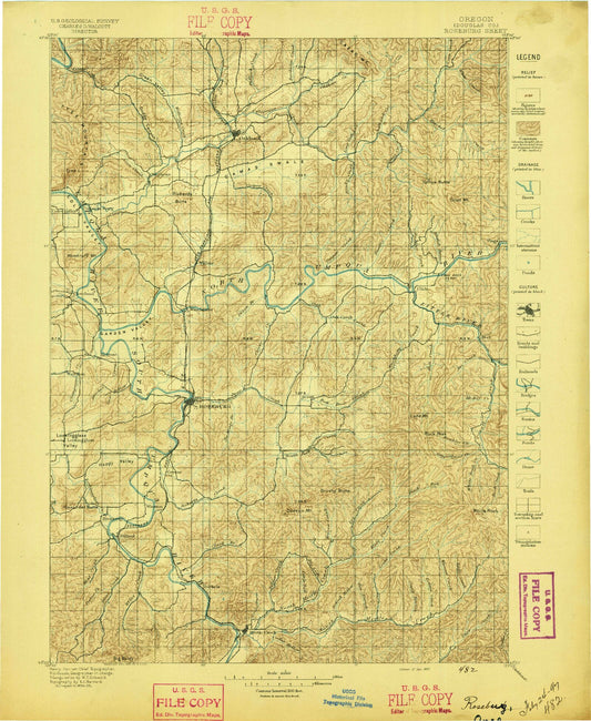 Historic 1897 Roseburg Oregon 30'x30' Topo Map Image