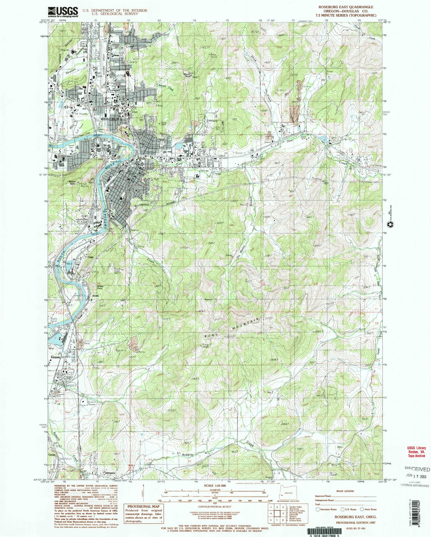 Classic USGS Roseburg East Oregon 7.5'x7.5' Topo Map Image