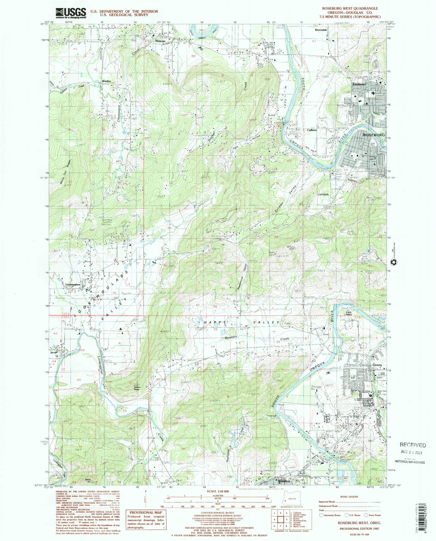 Classic USGS Roseburg West Oregon 7.5'x7.5' Topo Map Image
