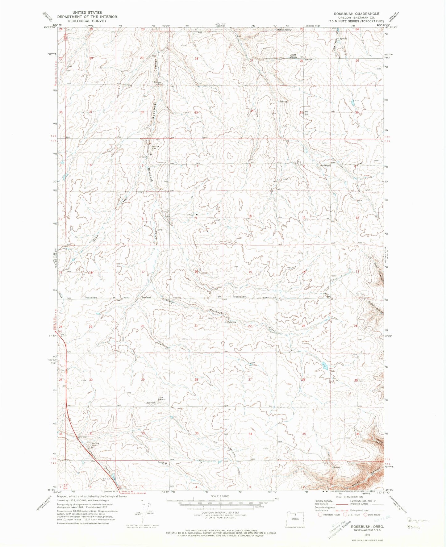Classic USGS Rosebush Oregon 7.5'x7.5' Topo Map Image
