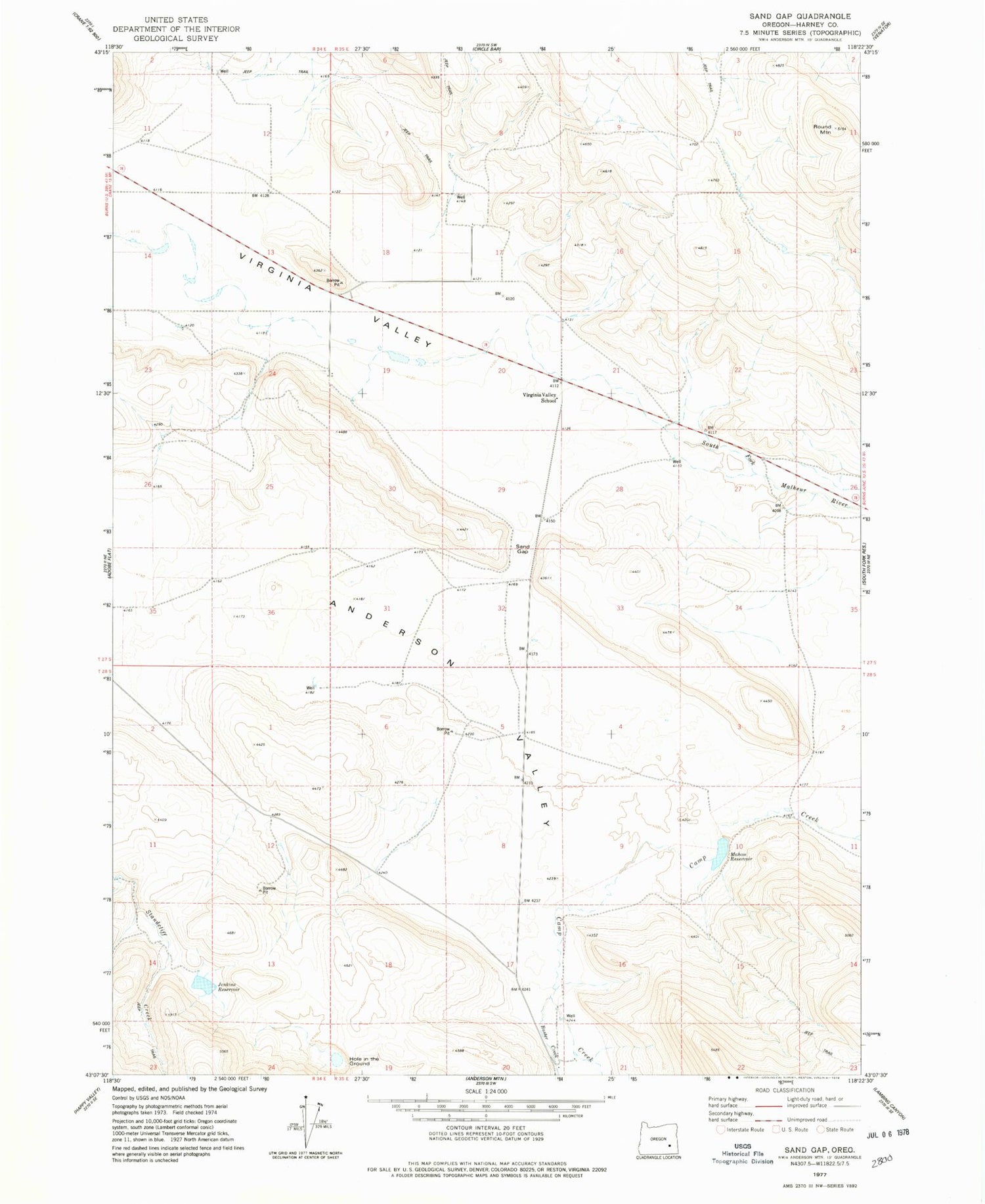 Classic USGS Sand Gap Oregon 7.5'x7.5' Topo Map Image