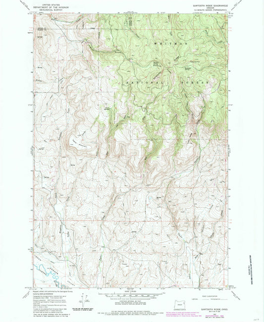 Classic USGS Sawtooth Ridge Oregon 7.5'x7.5' Topo Map Image
