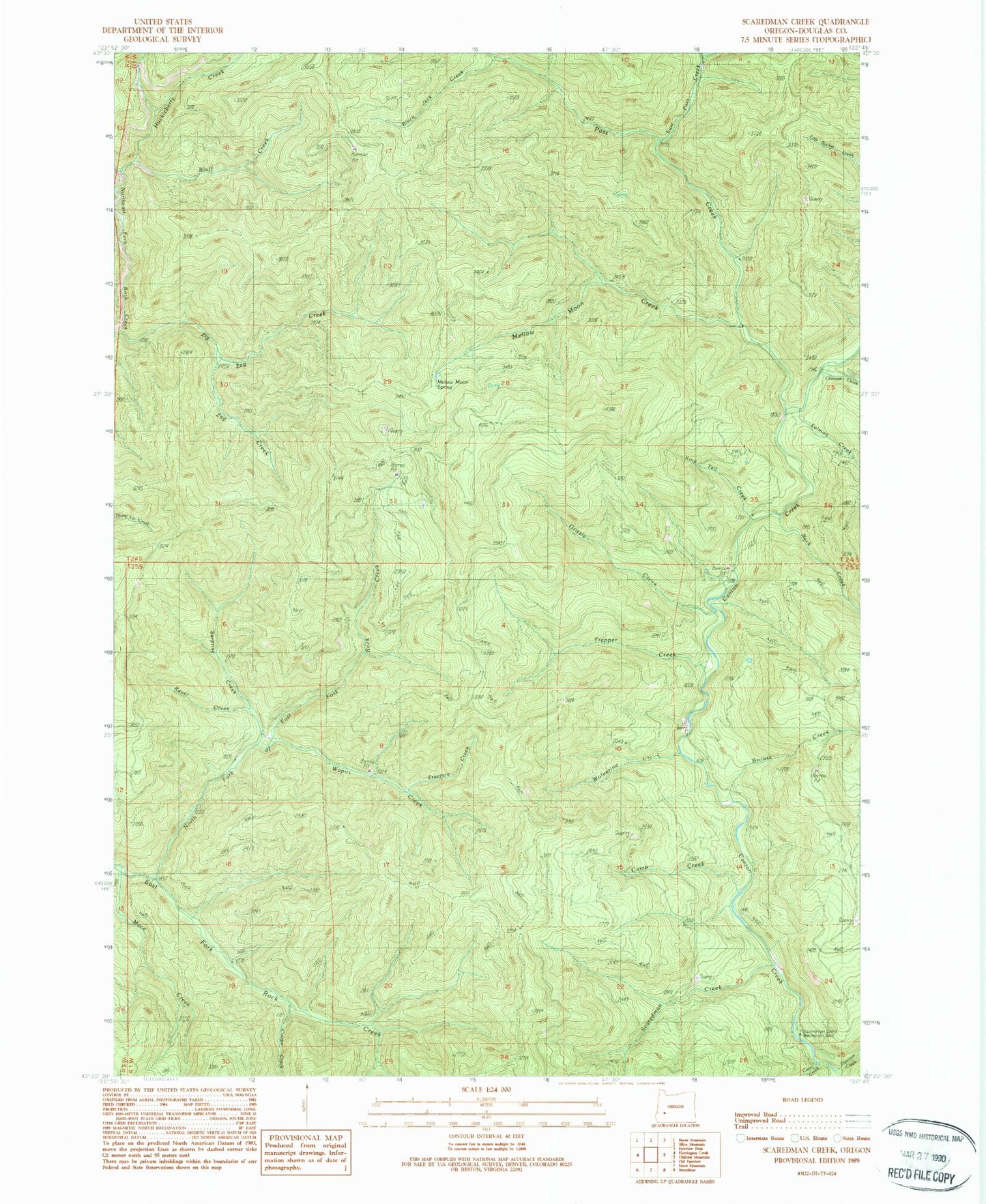 Classic USGS Scaredman Creek Oregon 7.5'x7.5' Topo Map Image