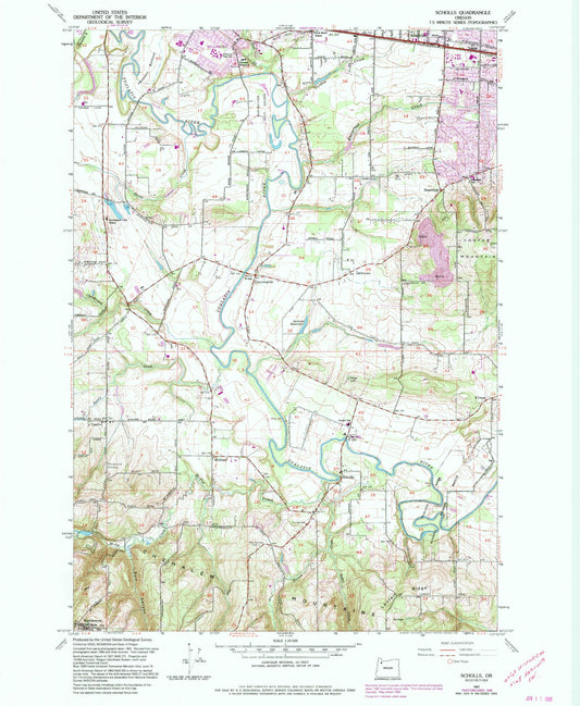 Classic USGS Scholls Oregon 7.5'x7.5' Topo Map Image