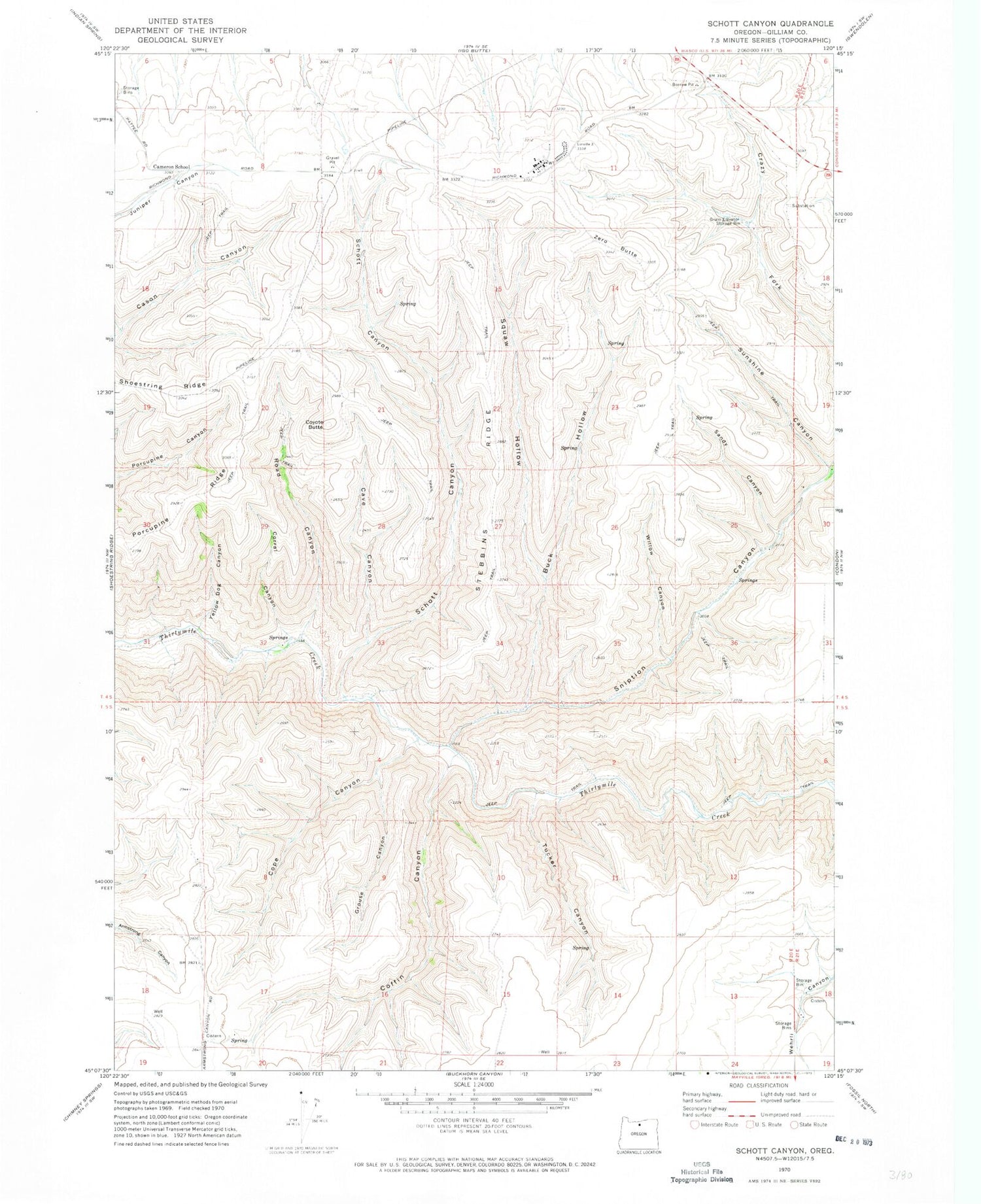 Classic USGS Schott Canyon Oregon 7.5'x7.5' Topo Map Image