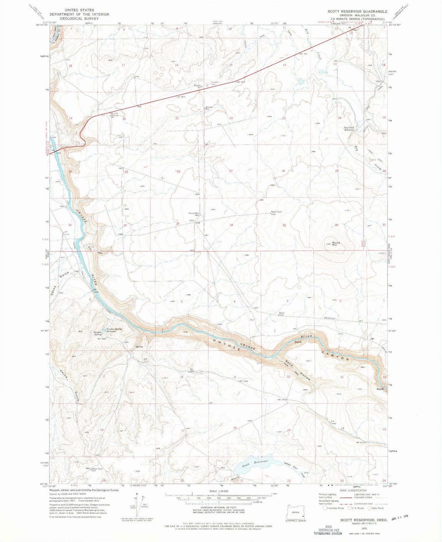 Classic USGS Scott Reservoir Oregon 7.5'x7.5' Topo Map Image
