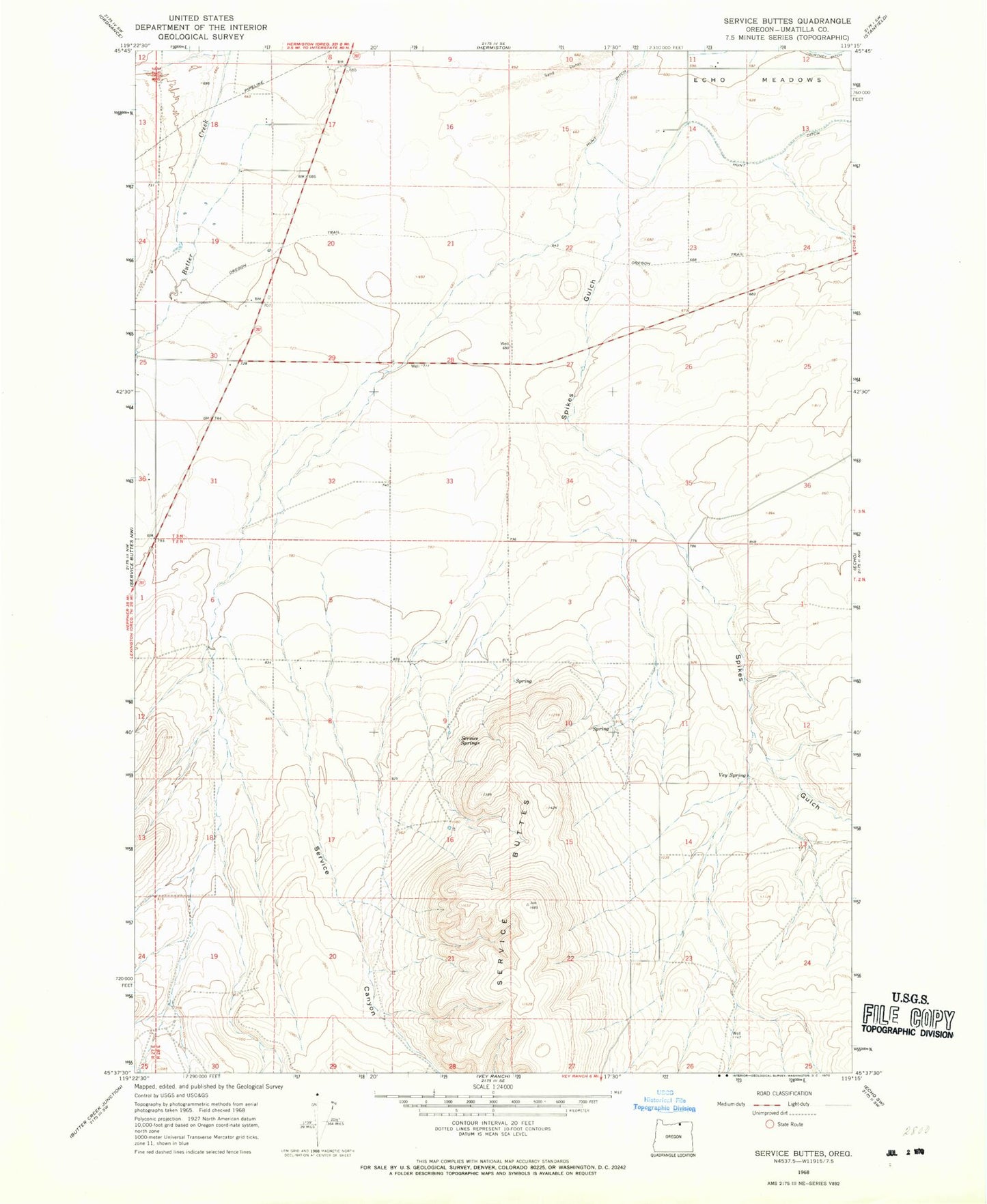 Classic USGS Service Buttes Oregon 7.5'x7.5' Topo Map Image