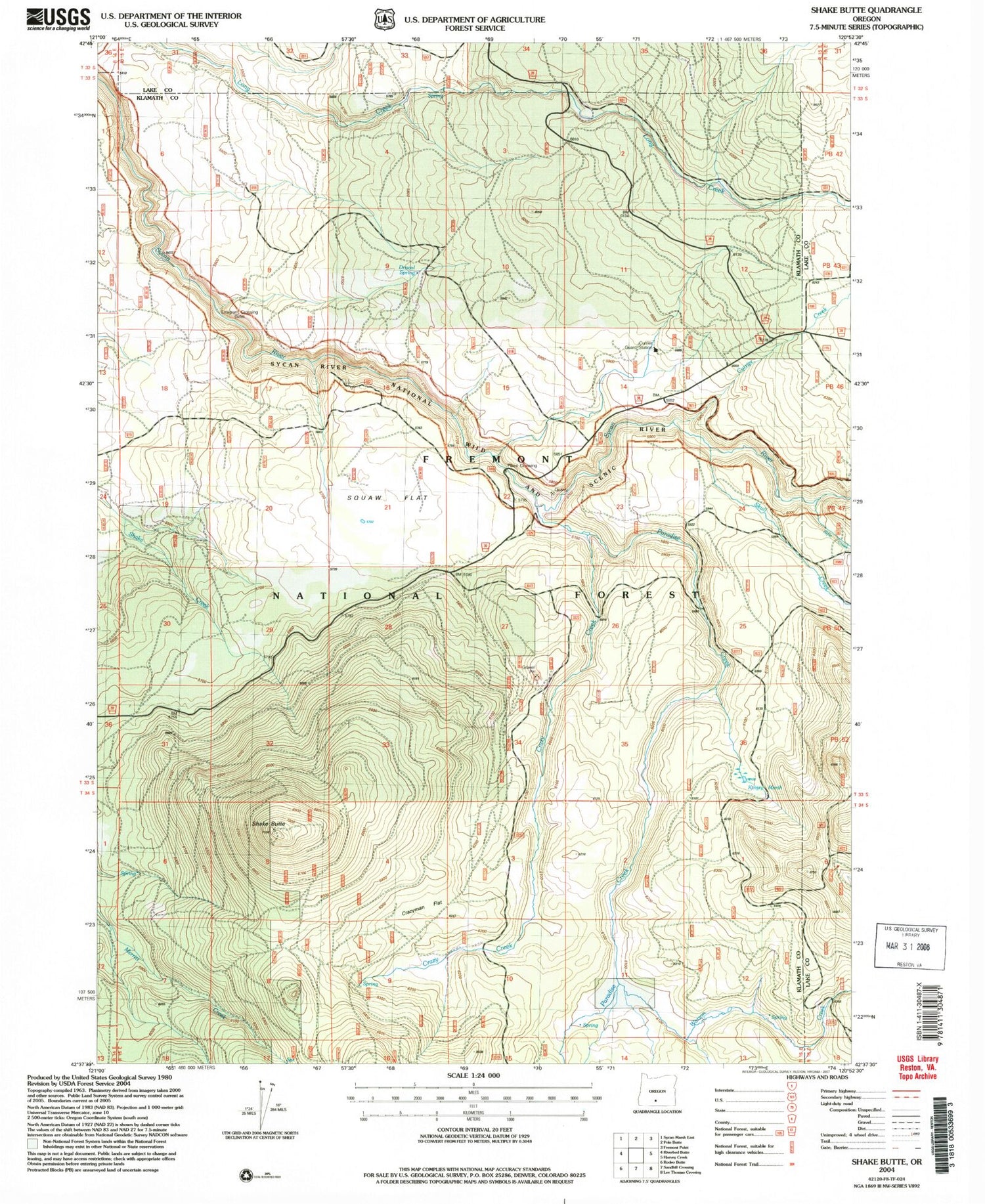 Classic USGS Shake Butte Oregon 7.5'x7.5' Topo Map Image