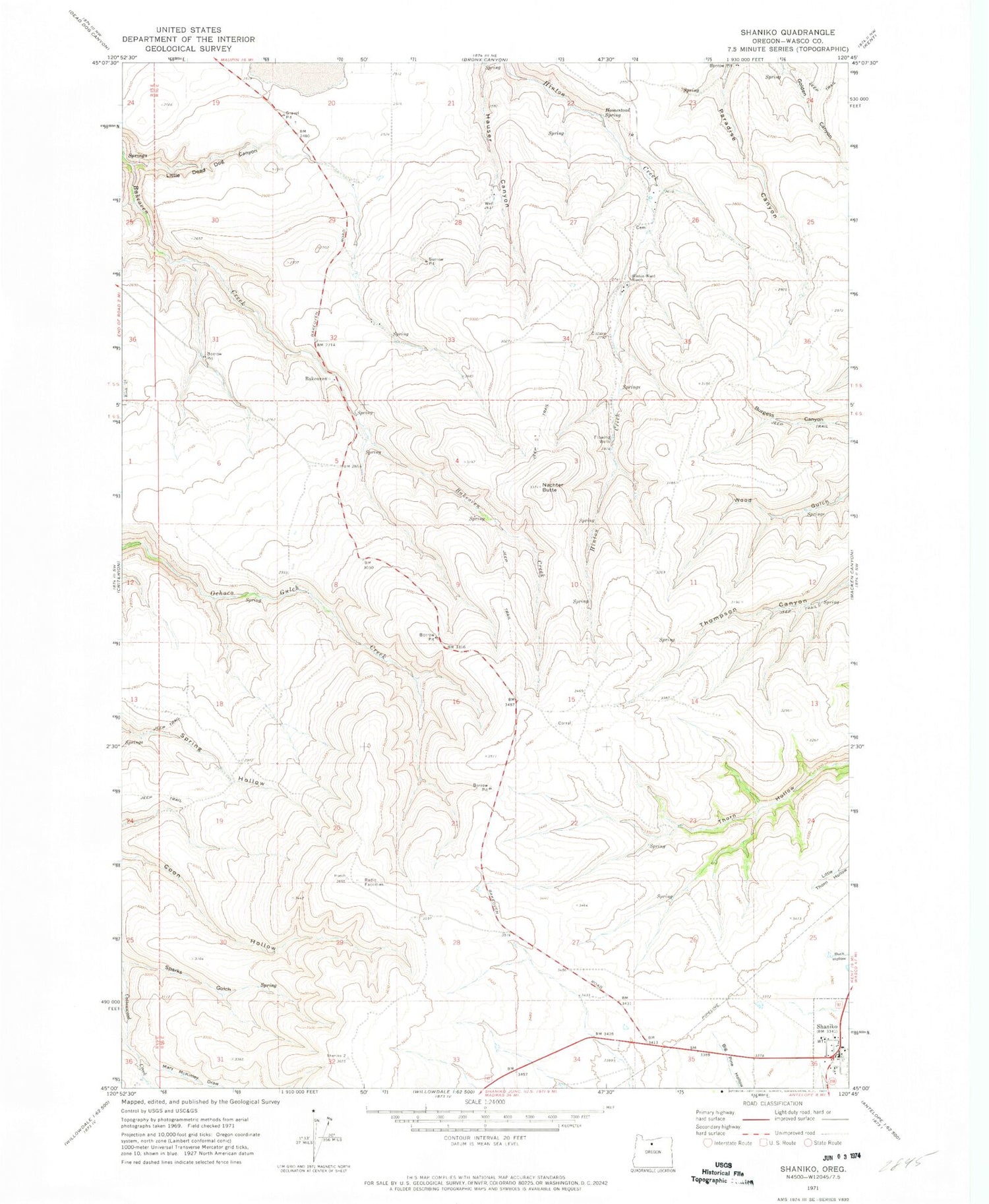 Classic USGS Shaniko Oregon 7.5'x7.5' Topo Map Image