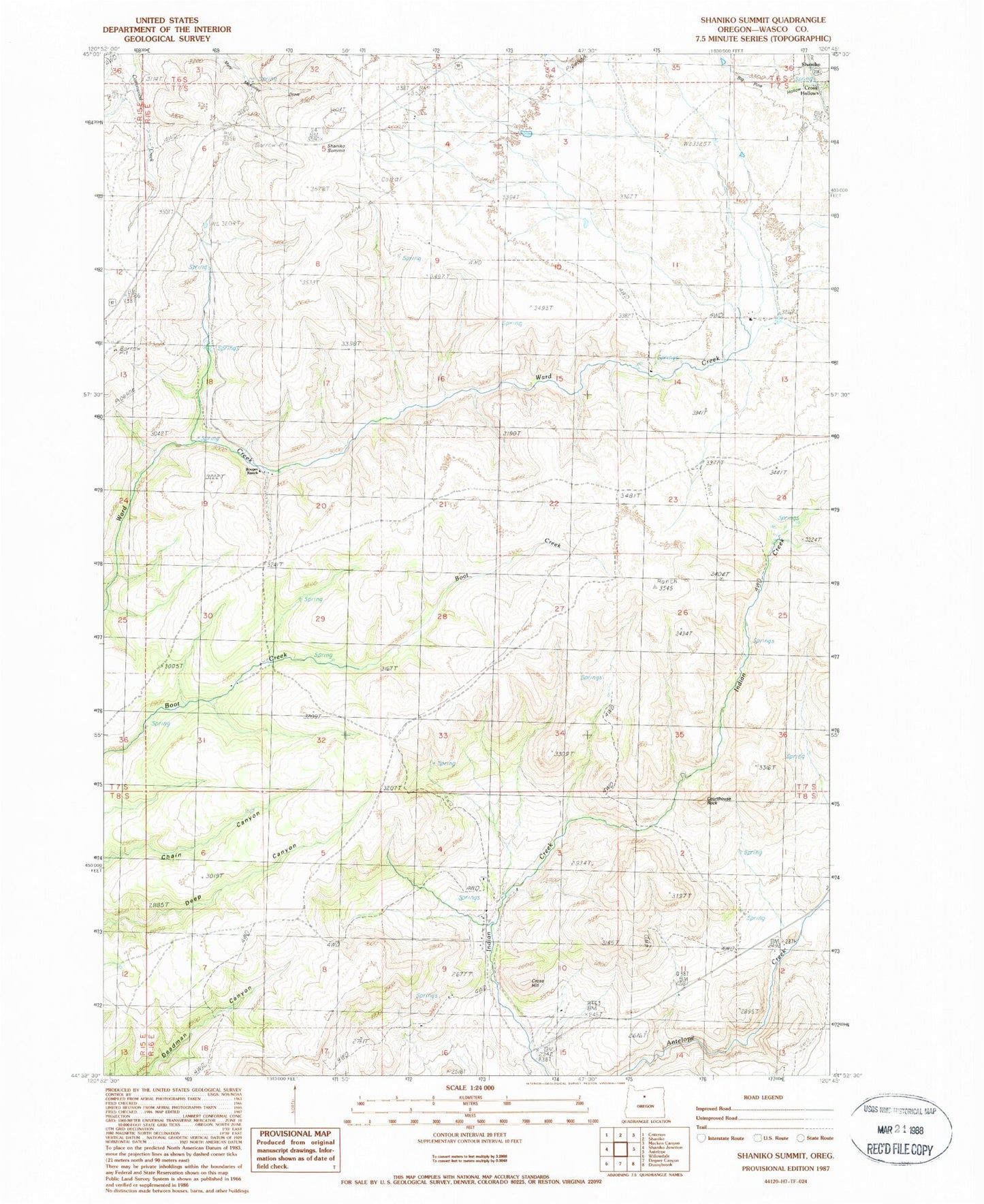 Classic USGS Shaniko Summit Oregon 7.5'x7.5' Topo Map Image
